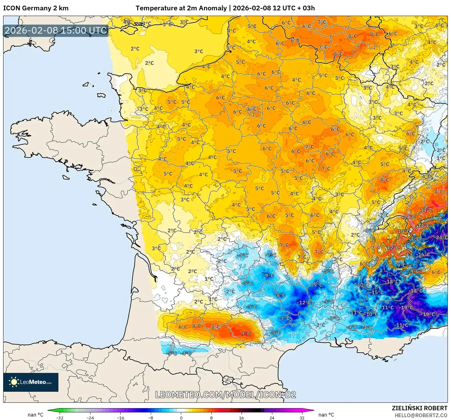 ICON Germany 2 km model - France, Temperature at 2m Anomaly