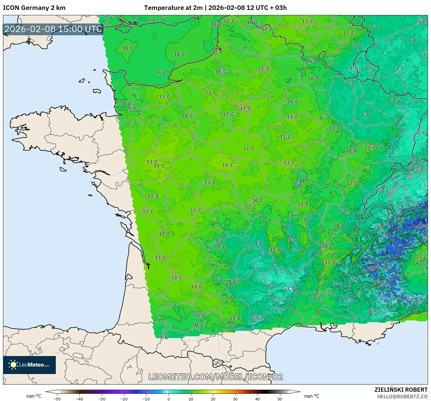 ICON Alemania 2 km model - Prancis, Suhu 2 m