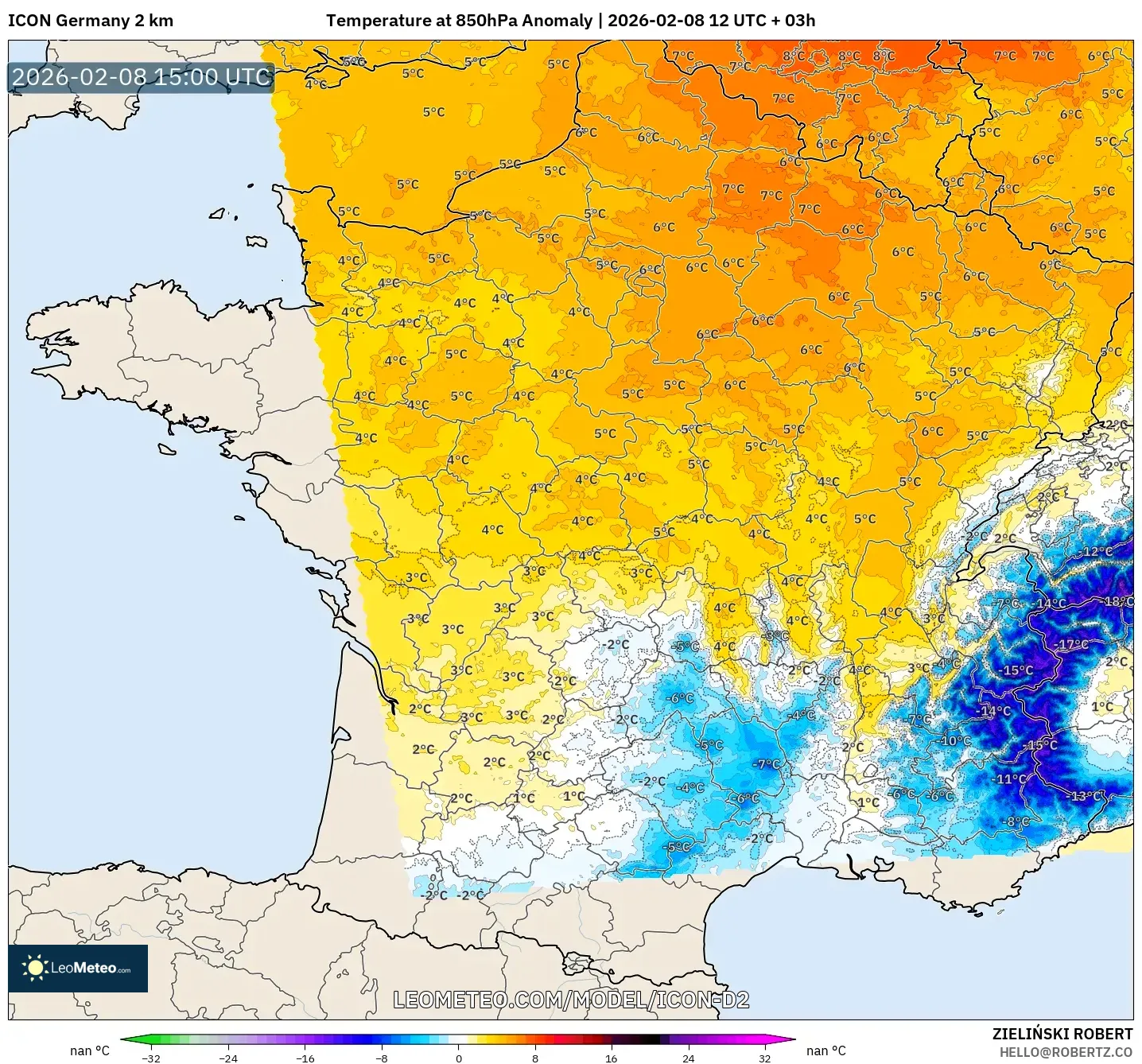 ICON Germany 2 km model - France, Temperature at 850hPa Anomaly