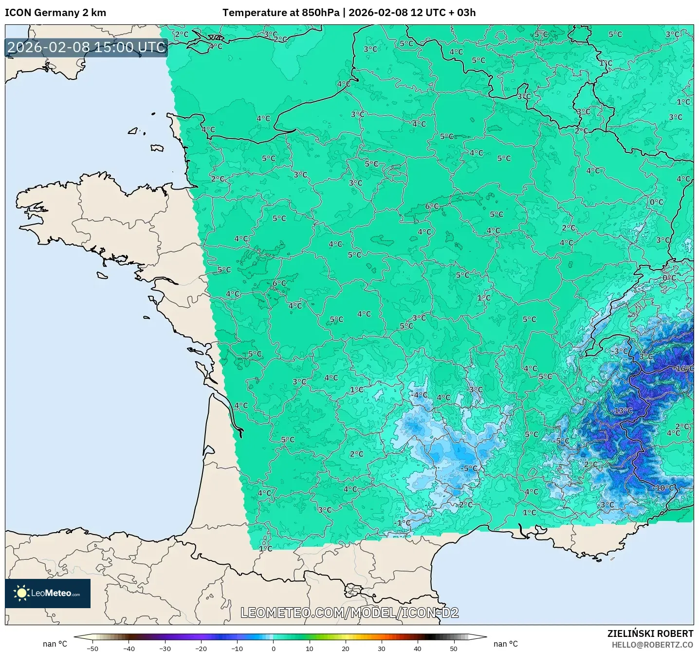 ICON Germany 2 km model - France, Temperature at 850hPa