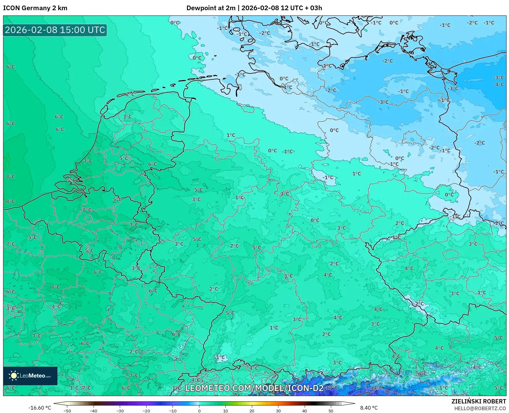 ICON Germany 2 km model - Germany, Dewpoint at 2m