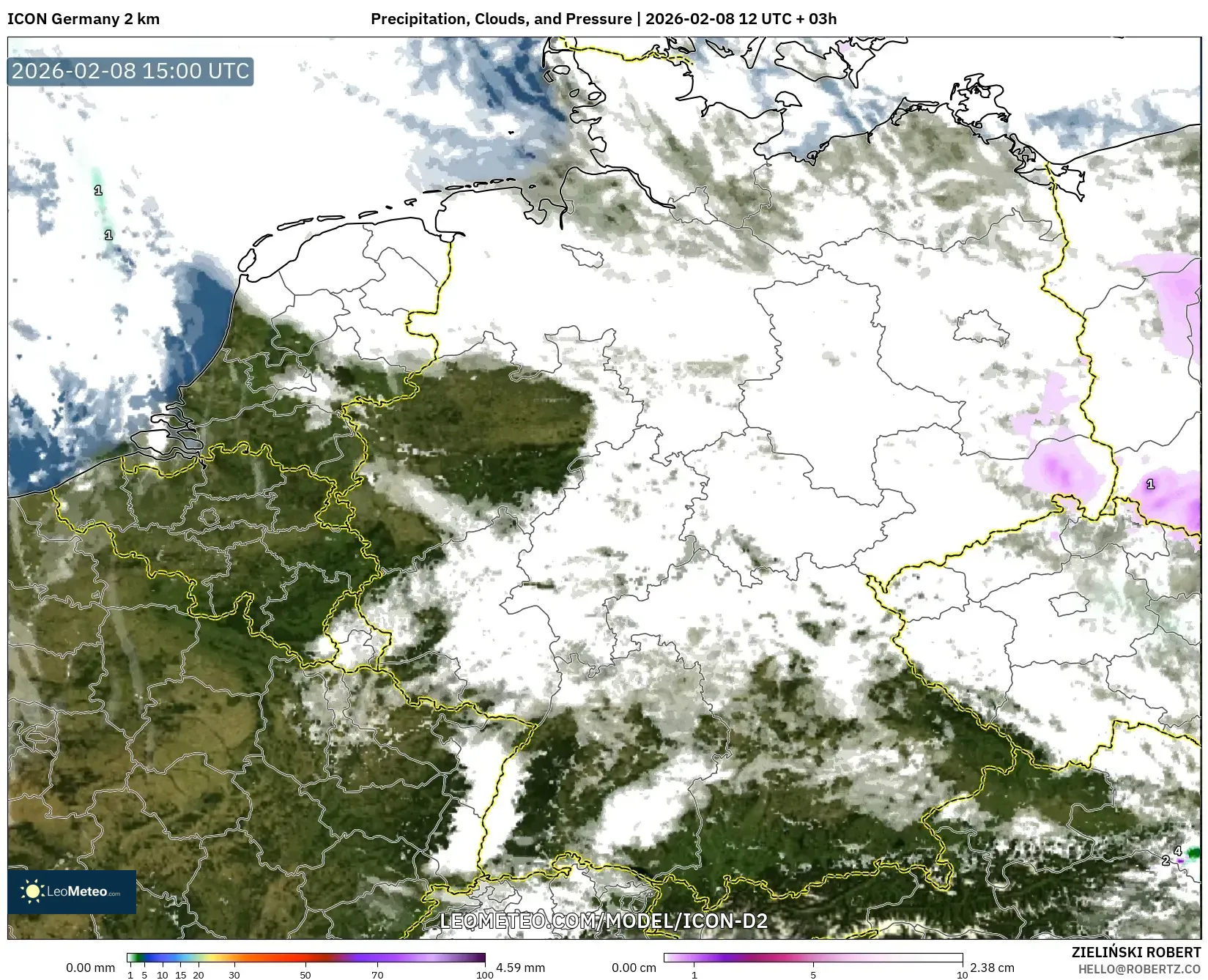 ICON Germany 2 km model - Germany, Precipitation, Clouds, and Pressure