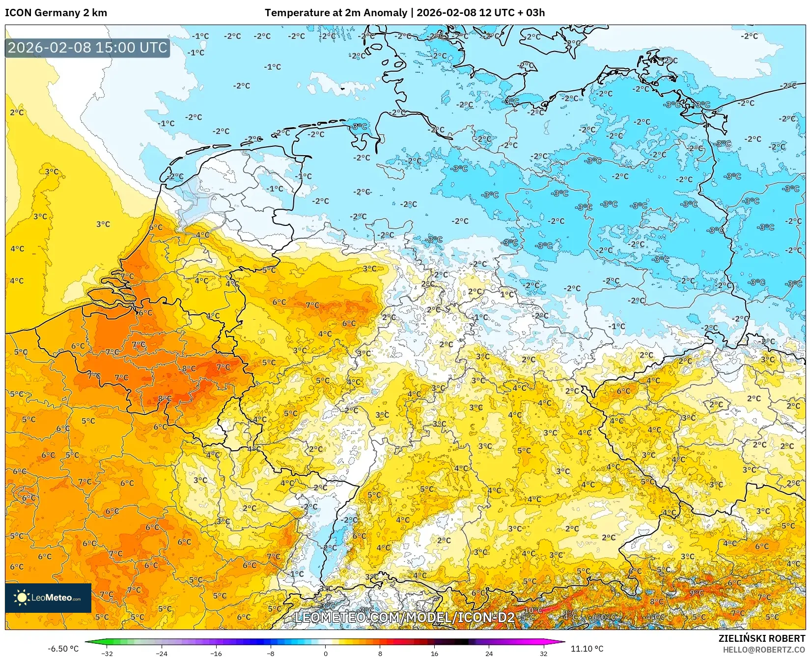 ICON Germany 2 km model - Germany, Temperature at 2m Anomaly