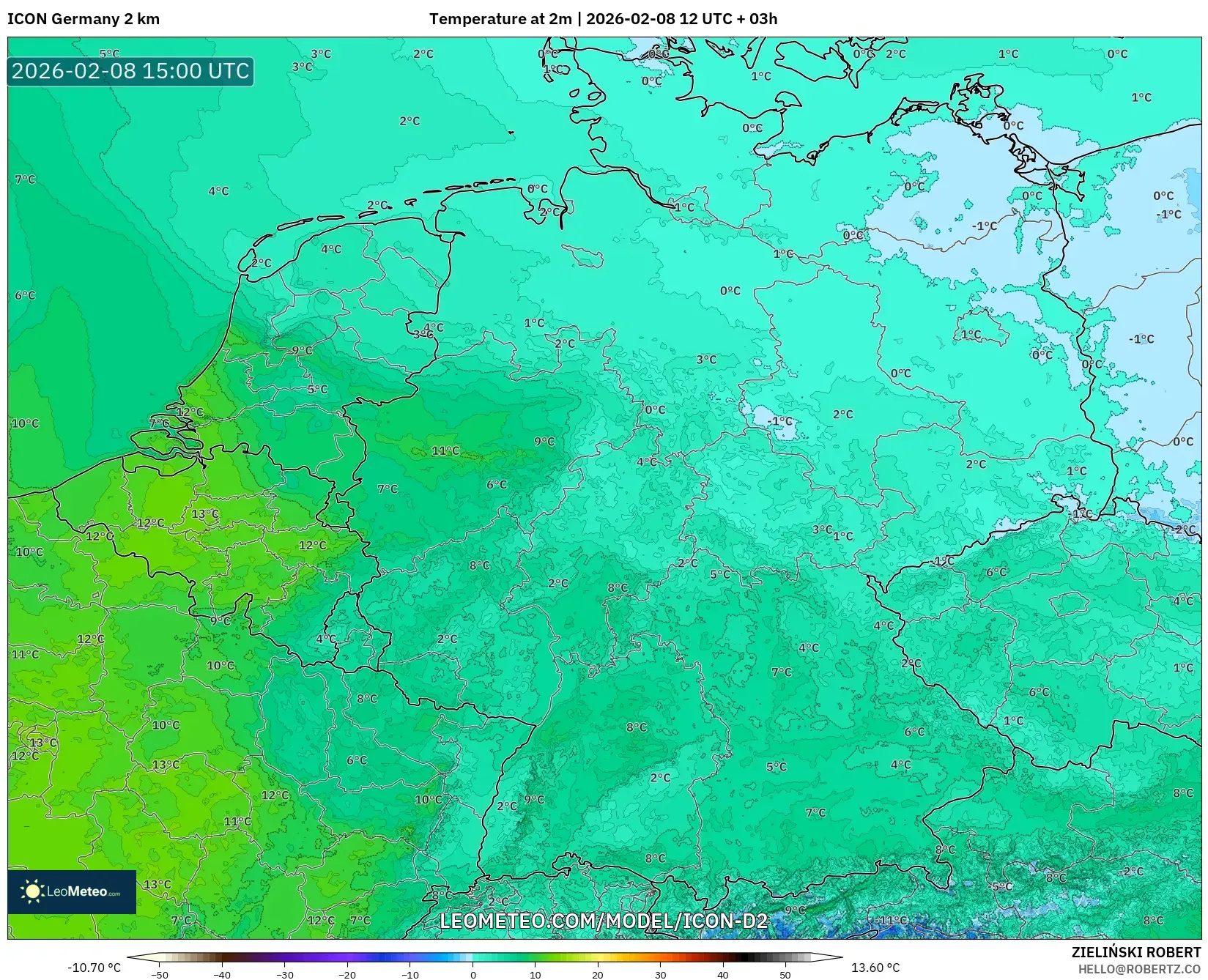ICON Germany 2 km model - Germany, Temperature at 2m