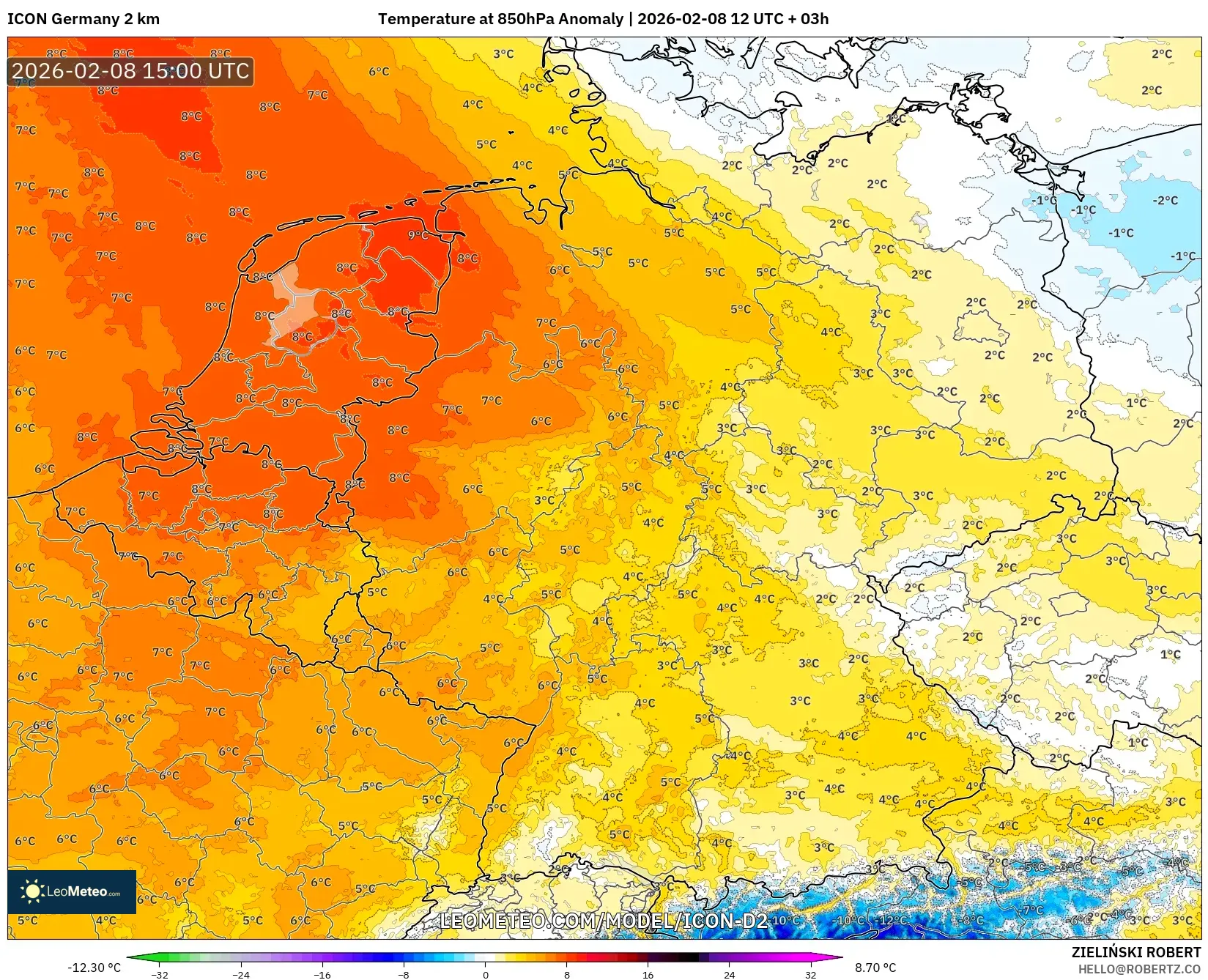 ICON Germany 2 km model - Germany, Temperature at 850hPa Anomaly