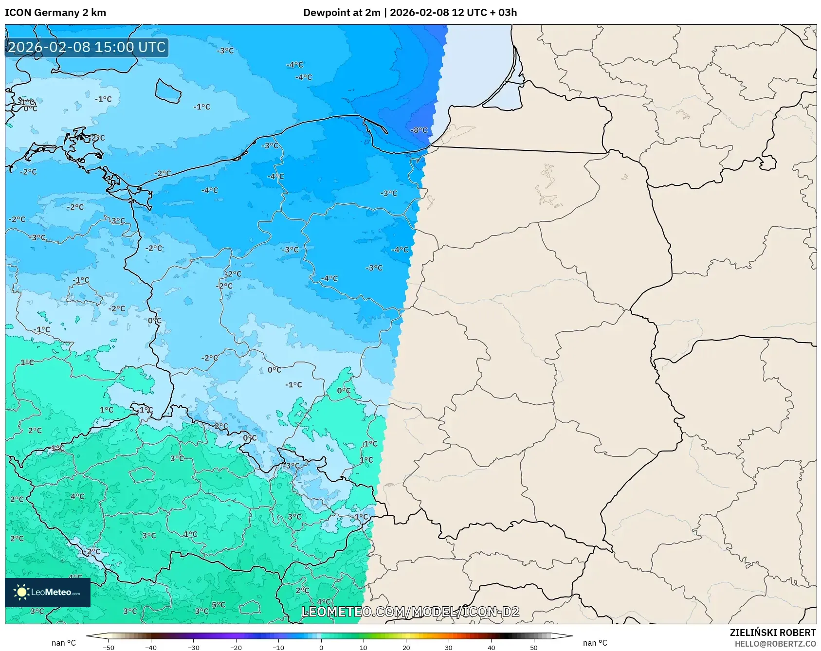 ICON Germany 2 km model - Poland, Dewpoint at 2m