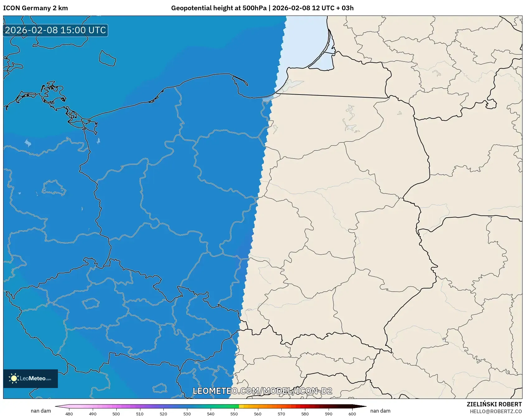 ICON Germany 2 km model - Poland, Geopotential height at 500hPa