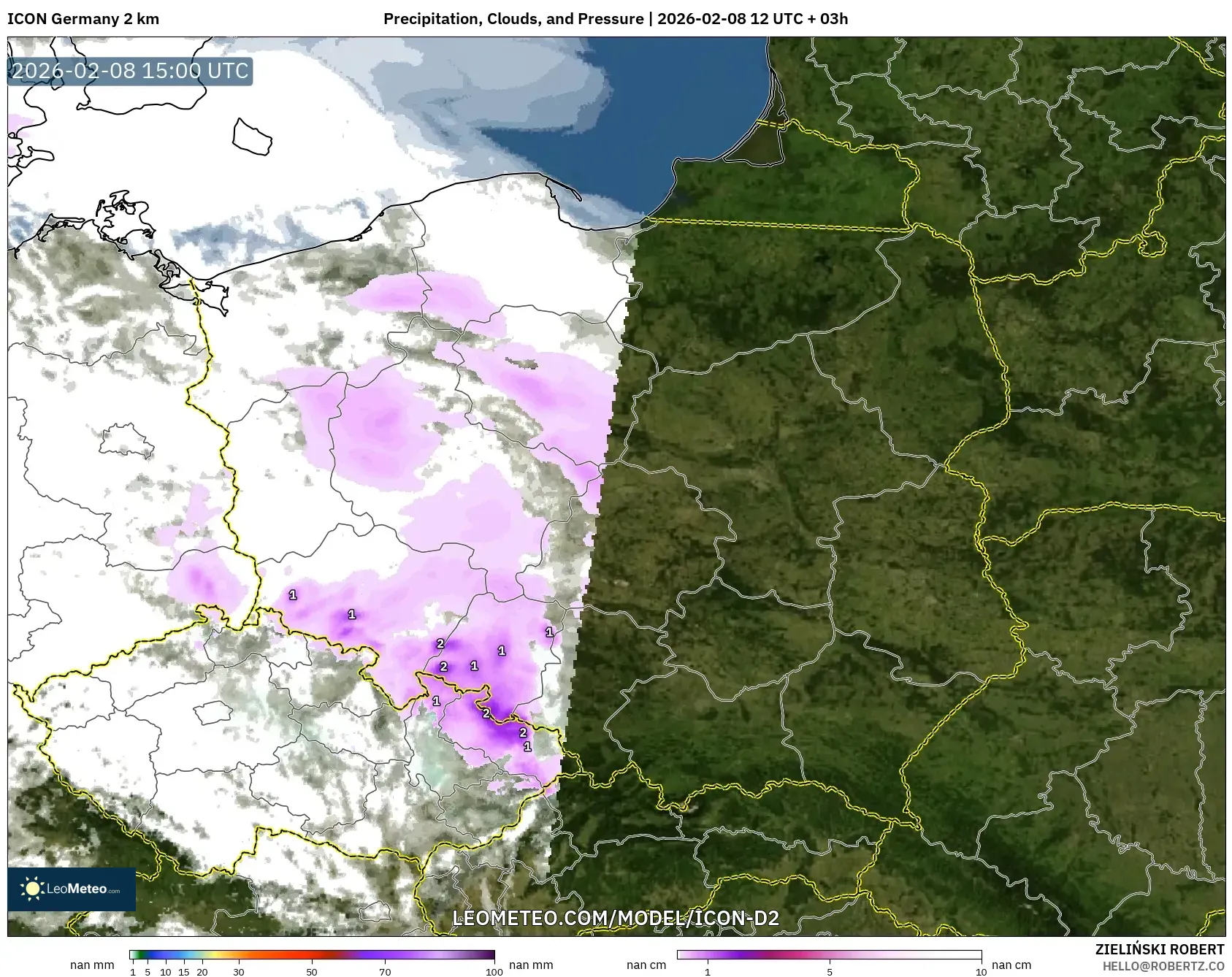 ICON Germany 2 km model - Poland, Precipitation, Clouds, and Pressure
