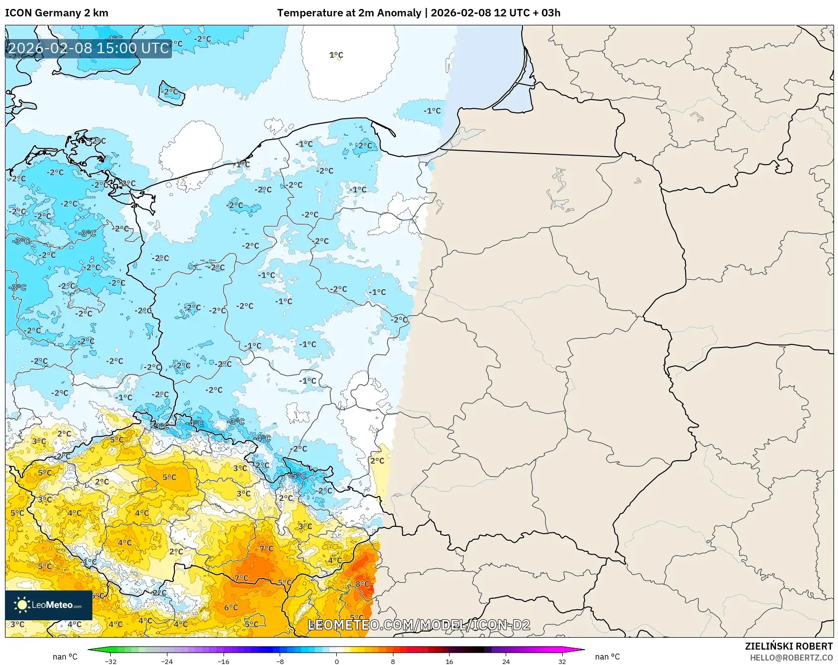 ICON Germany 2 km model - Poland, Temperature at 2m Anomaly