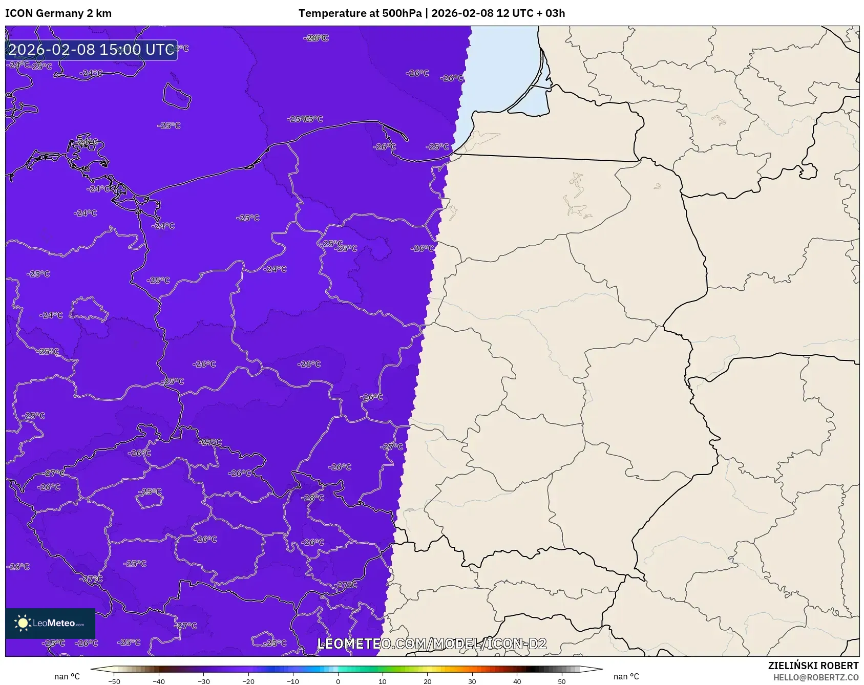 ICON Germany 2 km model - Poland, Temperature at 500hPa