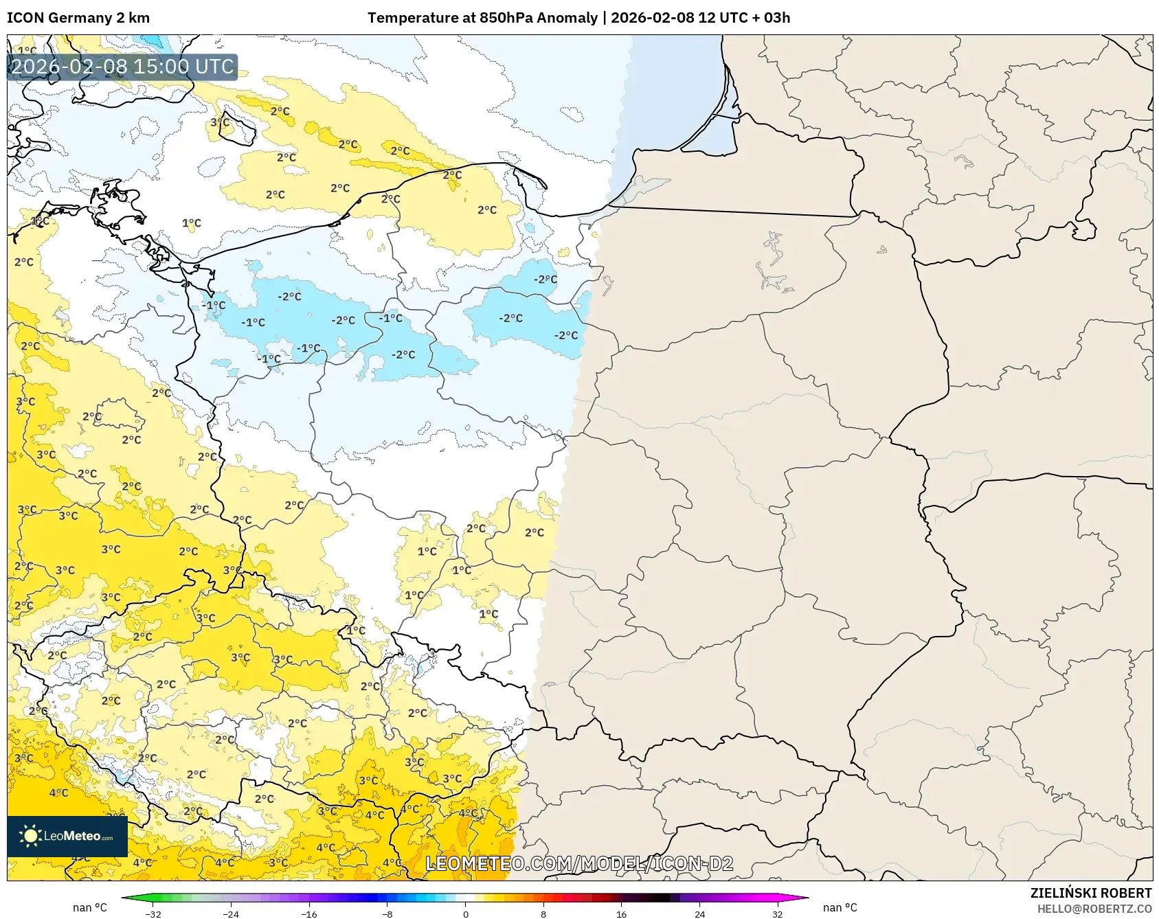 ICON Germany 2 km model - Poland, Temperature at 850hPa Anomaly