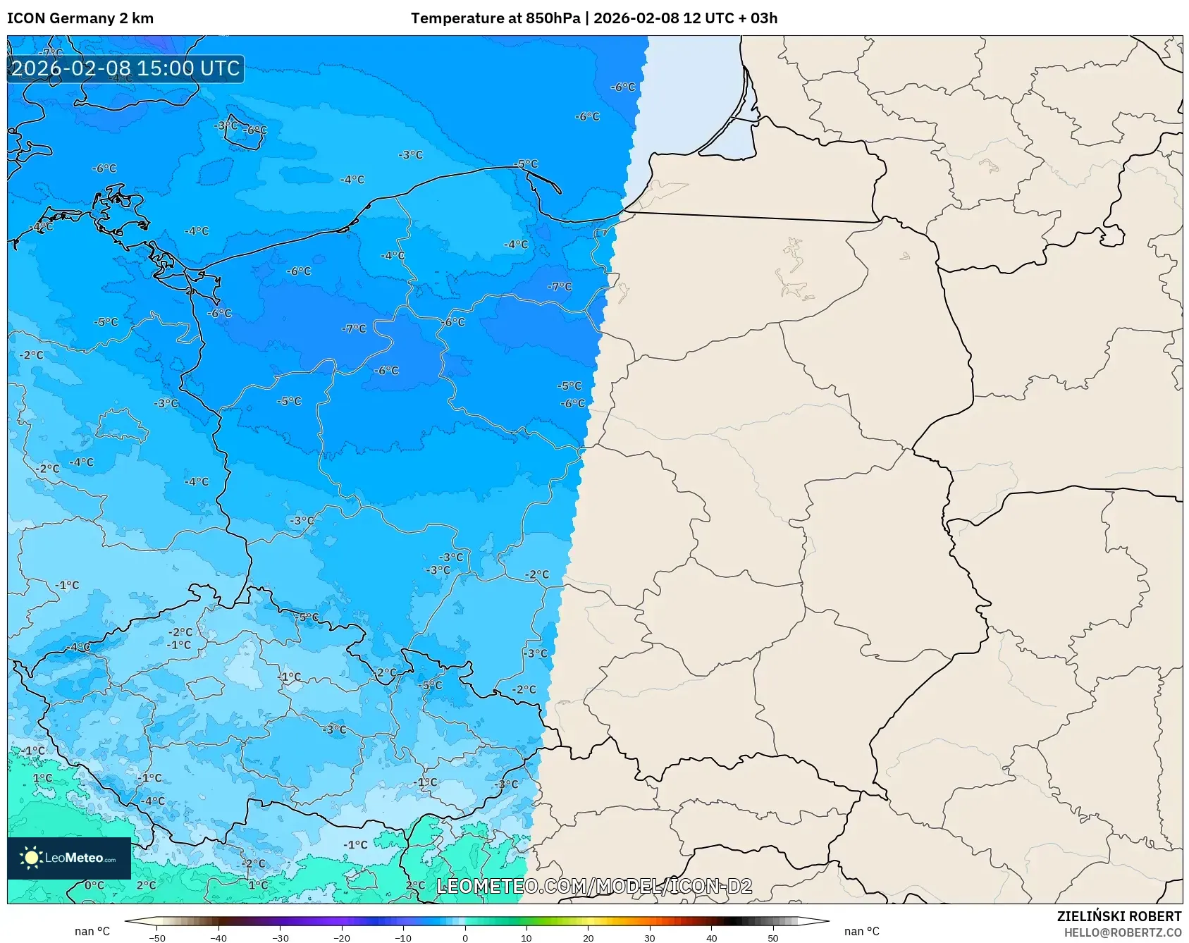 ICON Germany 2 km model - Poland, Temperature at 850hPa