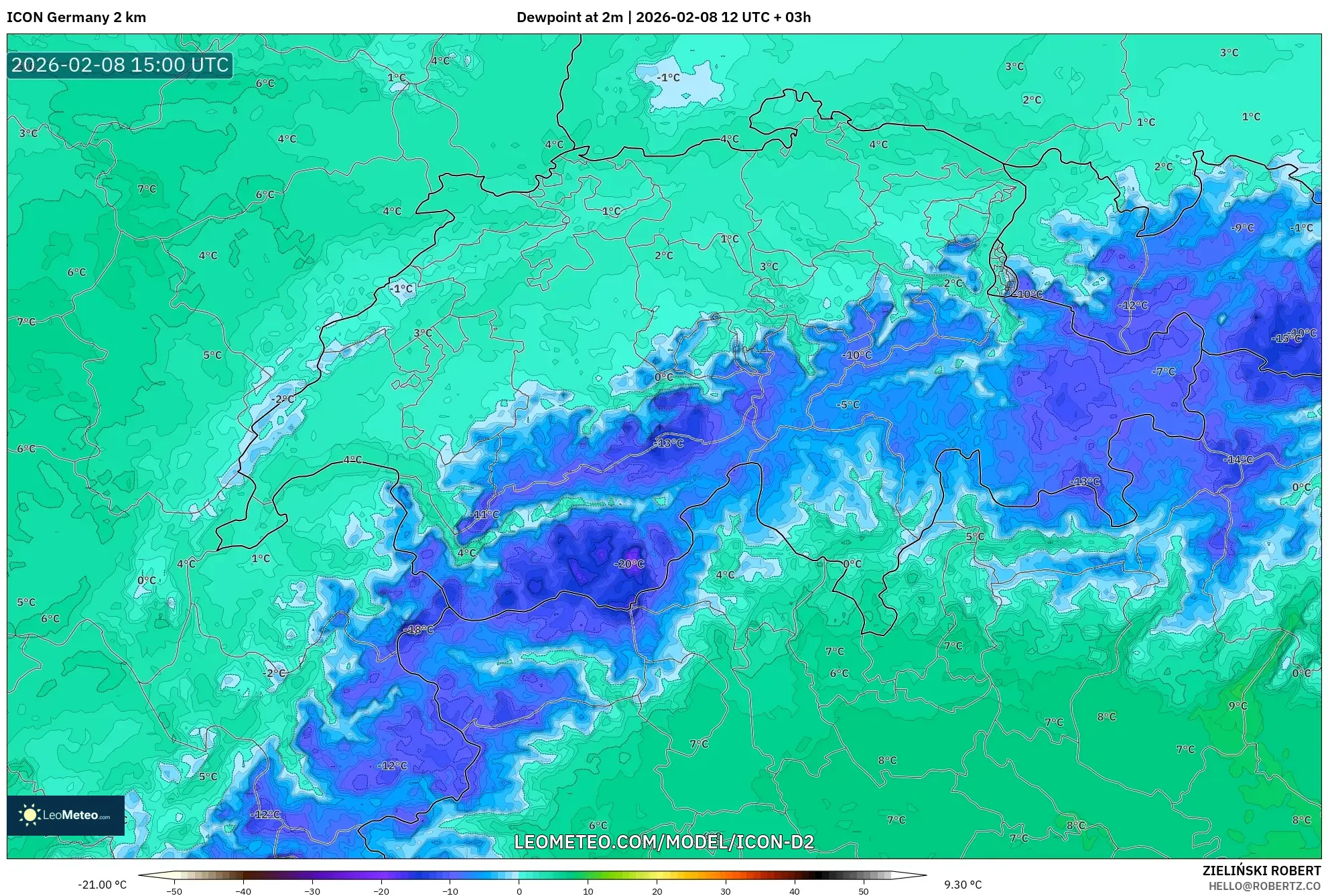 ICON Germany 2 km model - Switzerland, Dewpoint at 2m