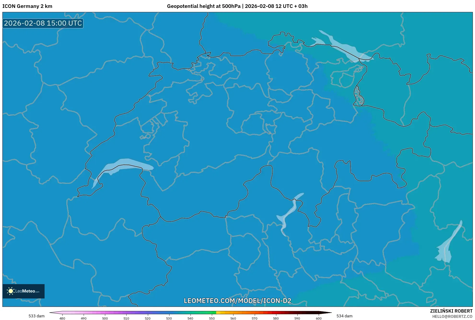 ICON Germany 2 km model - Switzerland, Geopotential height at 500hPa