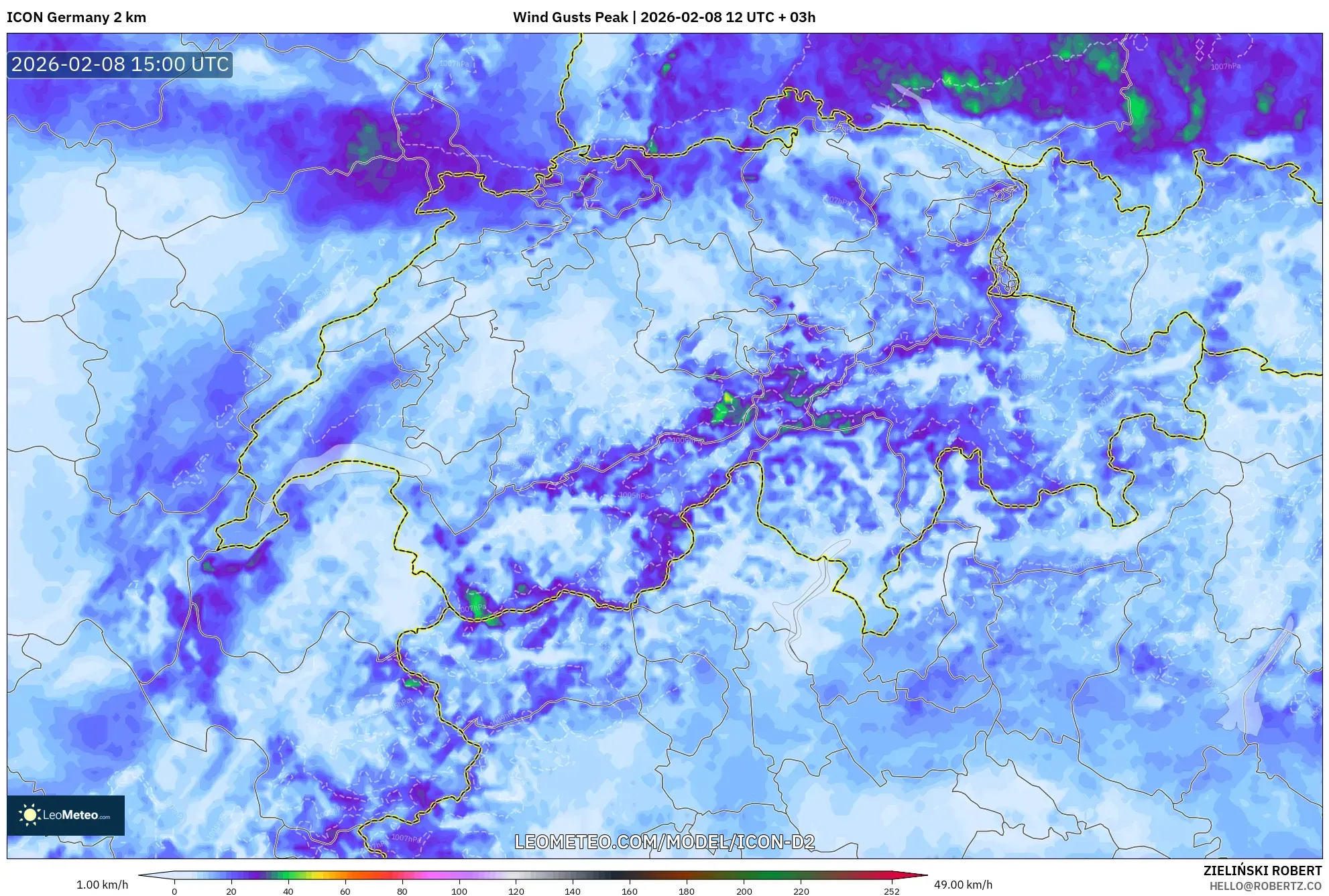 ICON Germany 2 km model - Switzerland, Wind Gusts Peak