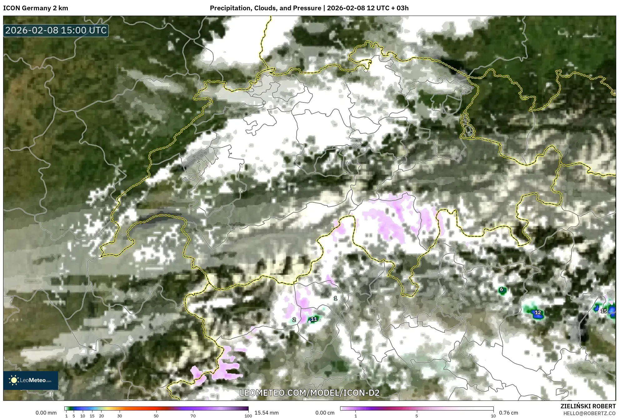 ICON Germany 2 km model - Switzerland, Precipitation, Clouds, and Pressure