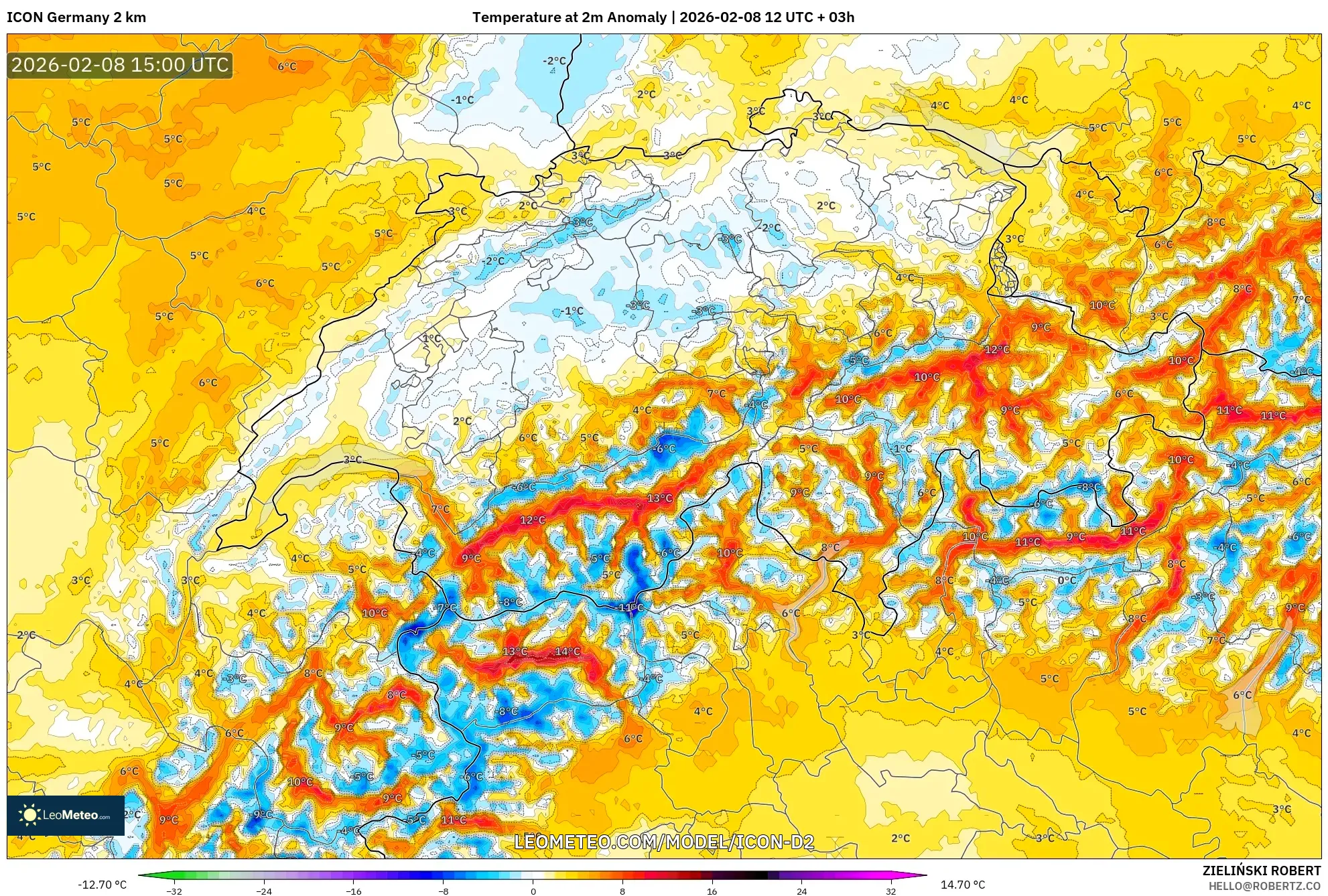 ICON Germany 2 km model - Switzerland, Temperature at 2m Anomaly