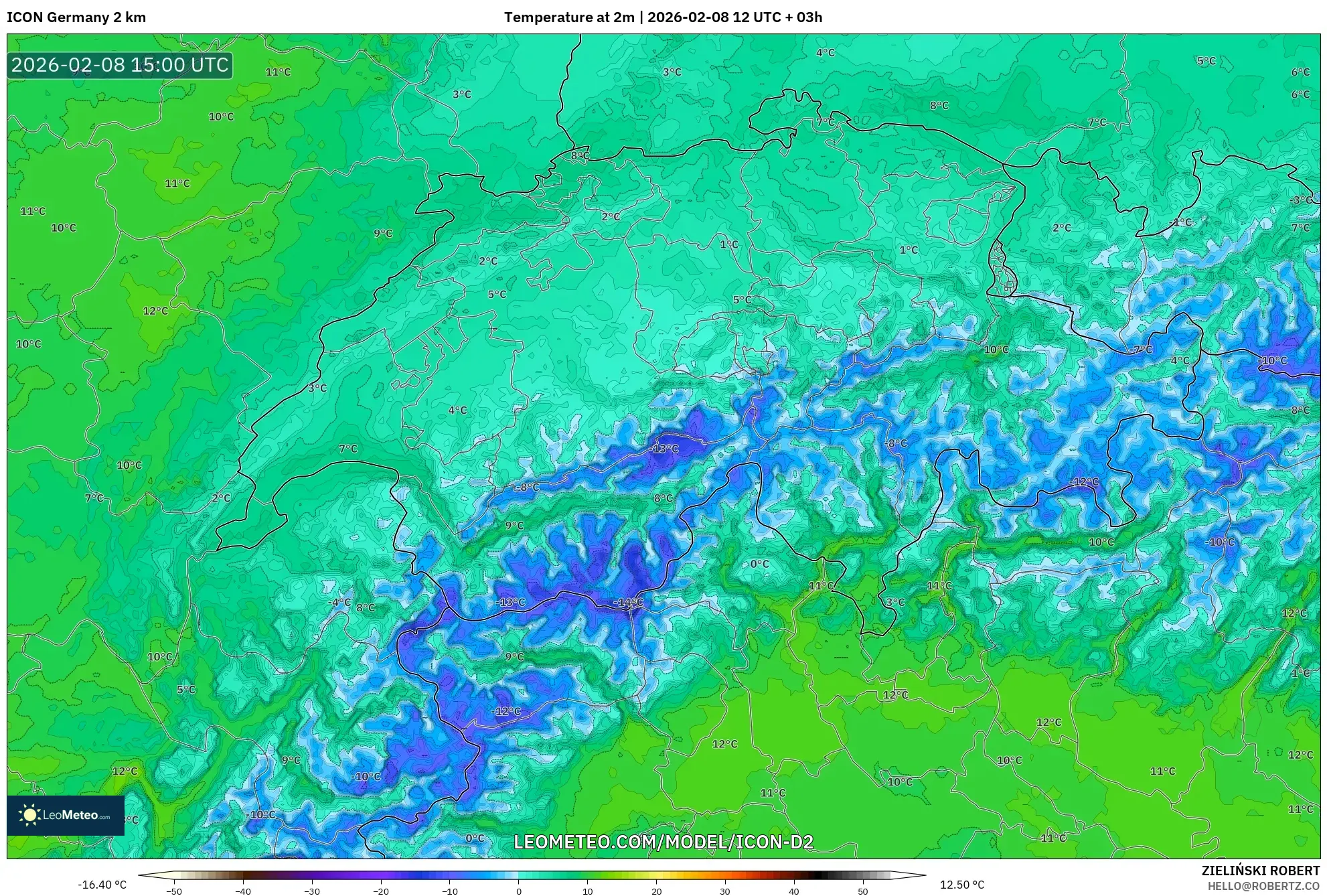 ICON Germany 2 km model - Switzerland, Temperature at 2m