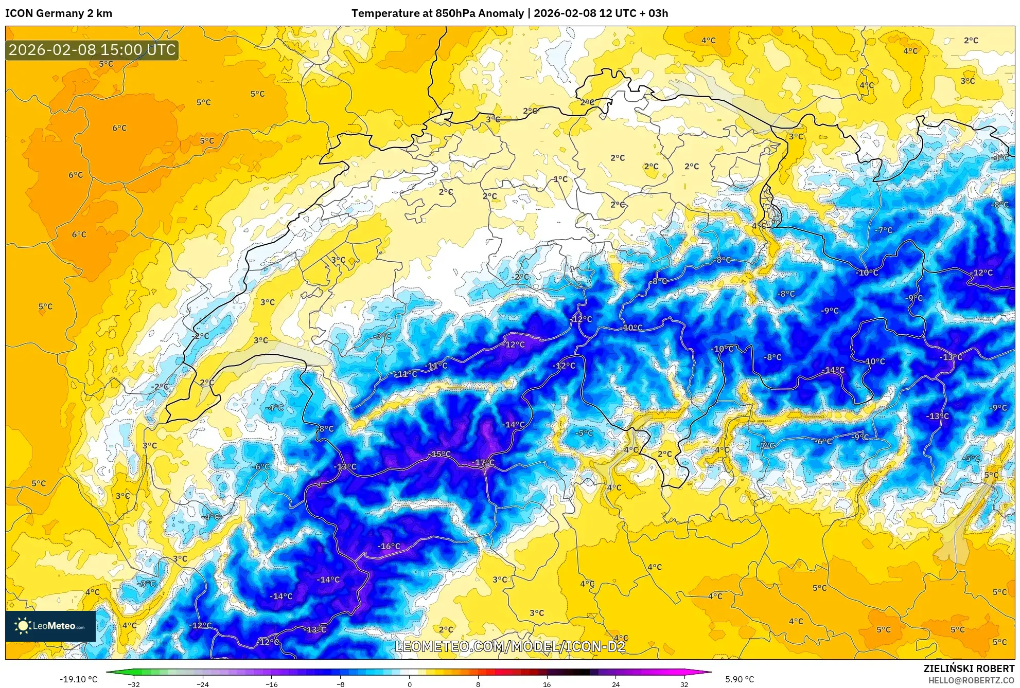 ICON Germany 2 km model - Switzerland, Temperature at 850hPa Anomaly