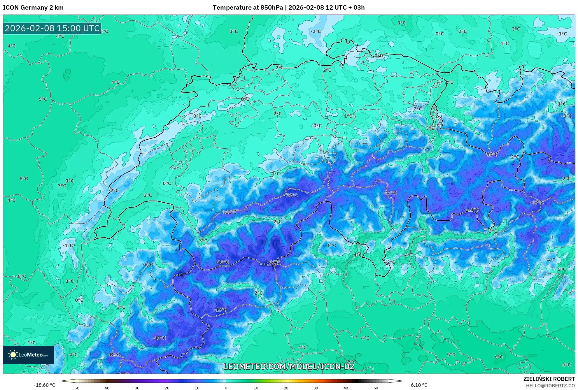 ICON Germany 2 km model - Switzerland, Temperature at 850hPa