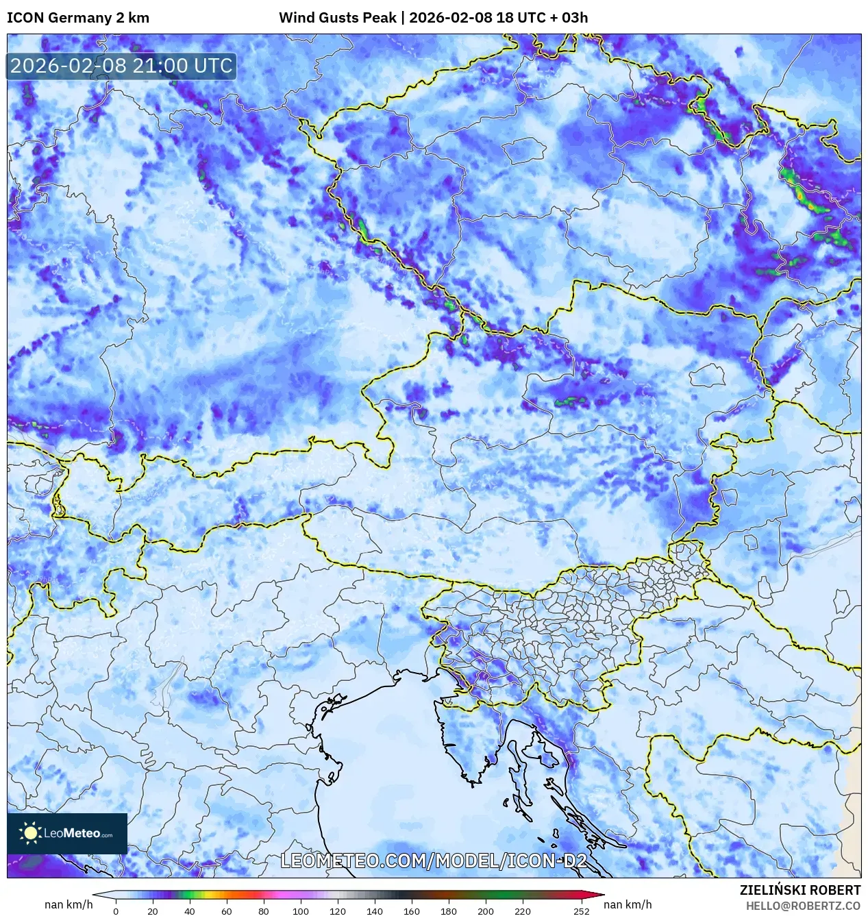 ICON Germany 2 km model - Austria, Wind Gusts Peak