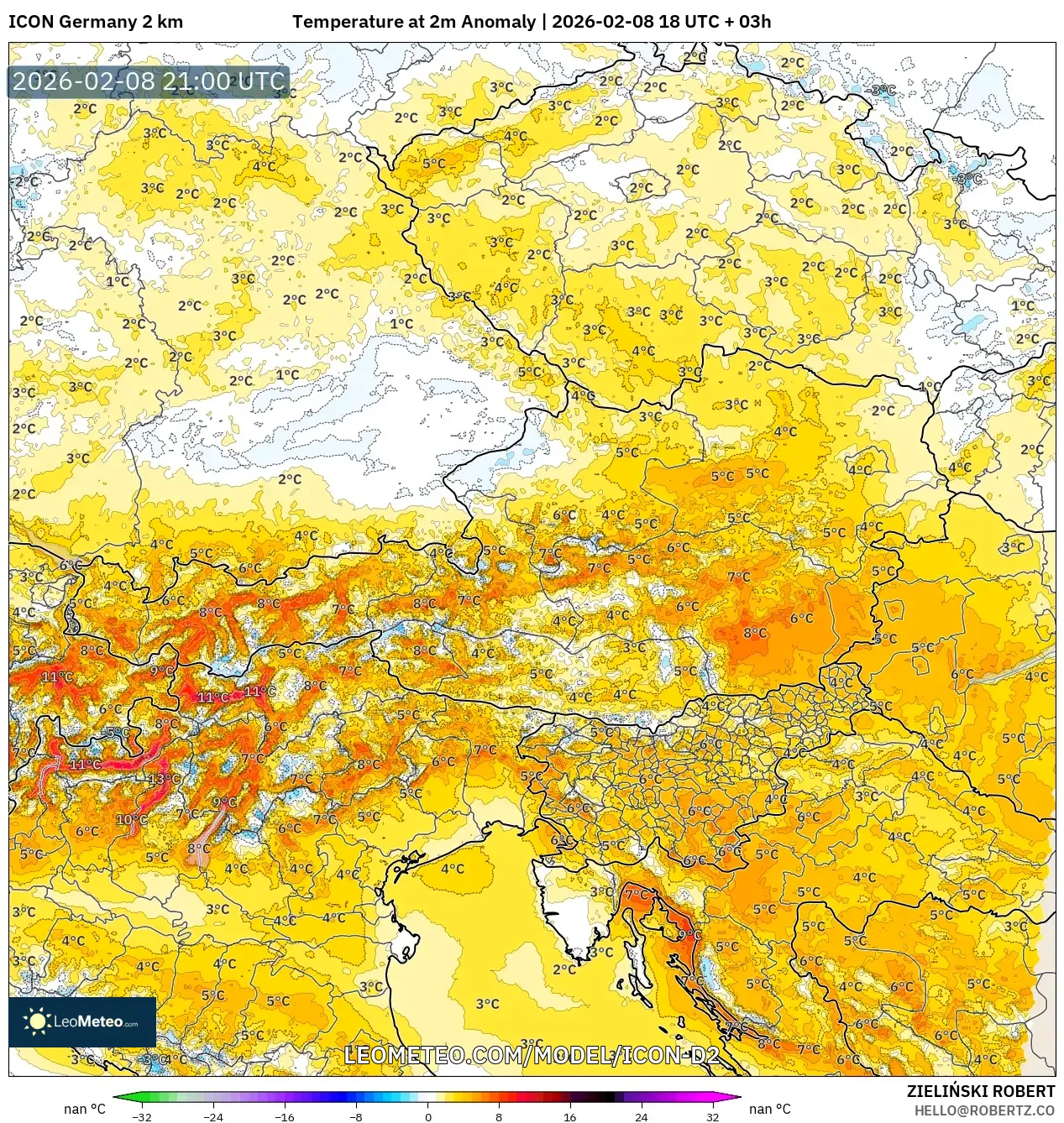 ICON Alemania 2 km model - Austria, Anomali Suhu 2 m