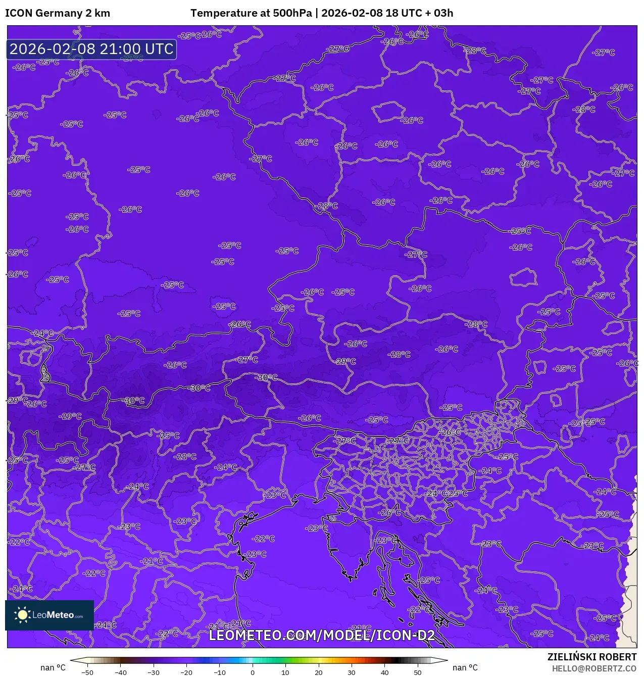 ICON Germany 2 km model - Austria, Temperature at 500hPa