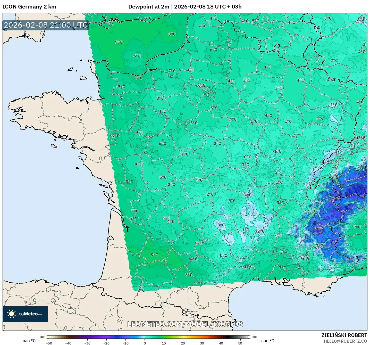 ICON Germany 2 km model - France, Dewpoint at 2m