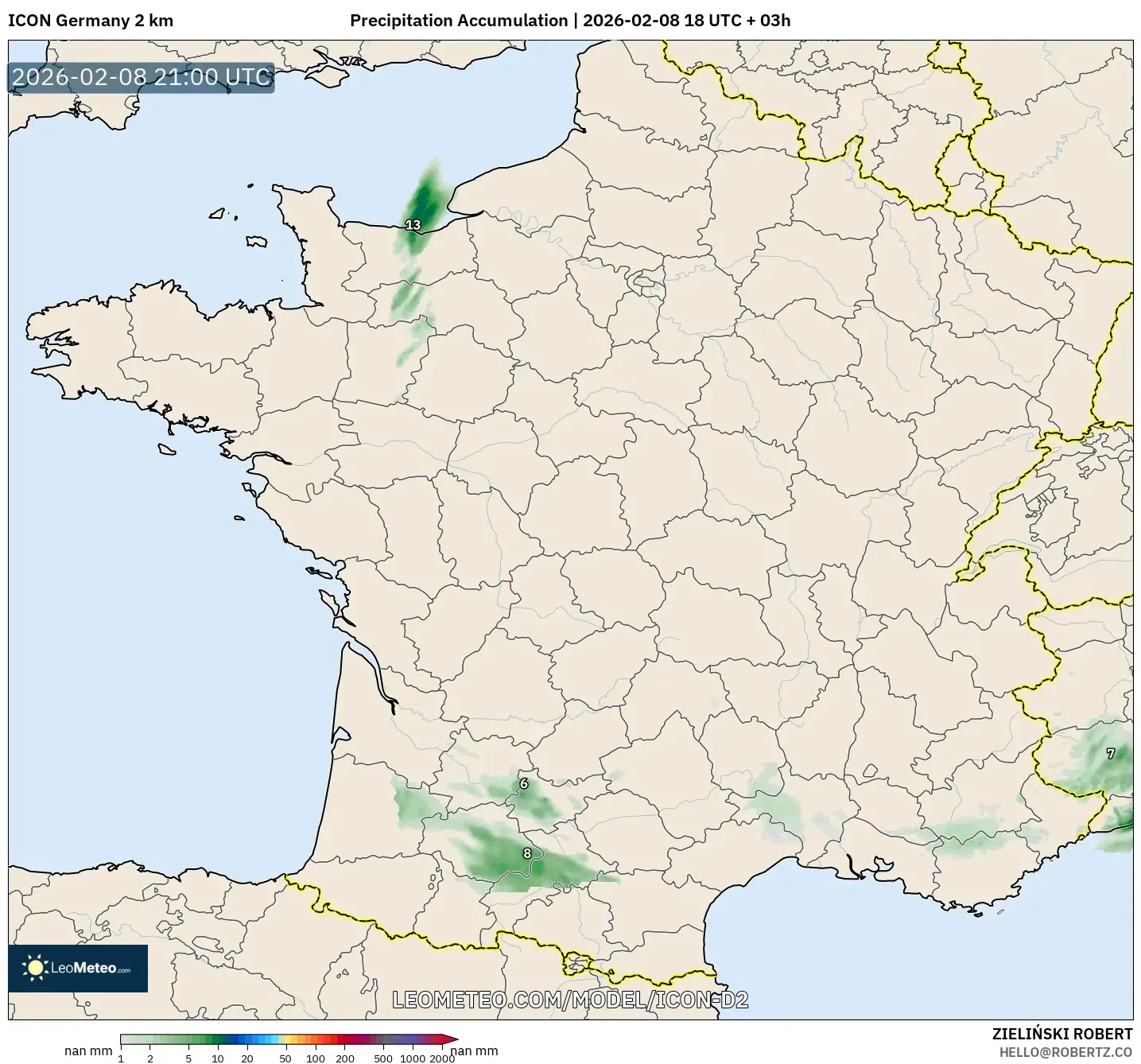 ICON Alemania 2 km model - Prancis, Akumulasi Curah Hujan