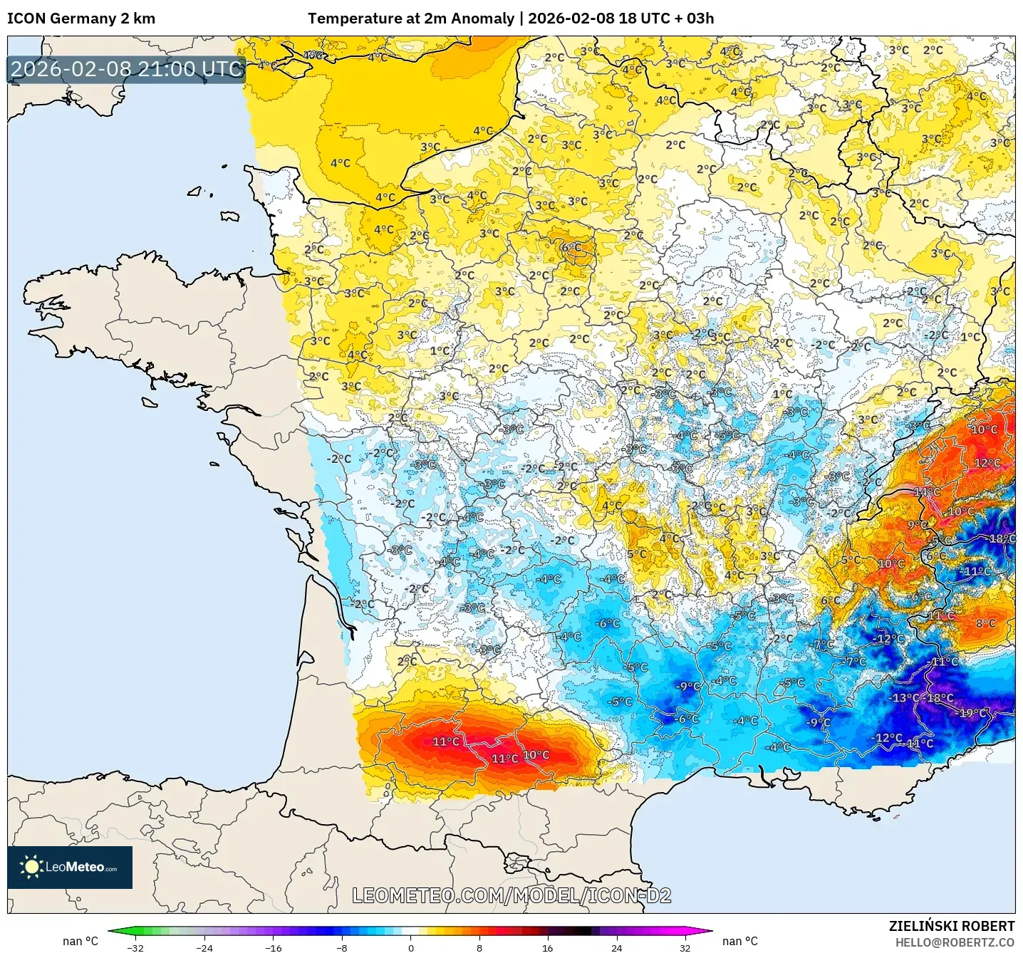 ICON Germany 2 km model - France, Temperature at 2m Anomaly