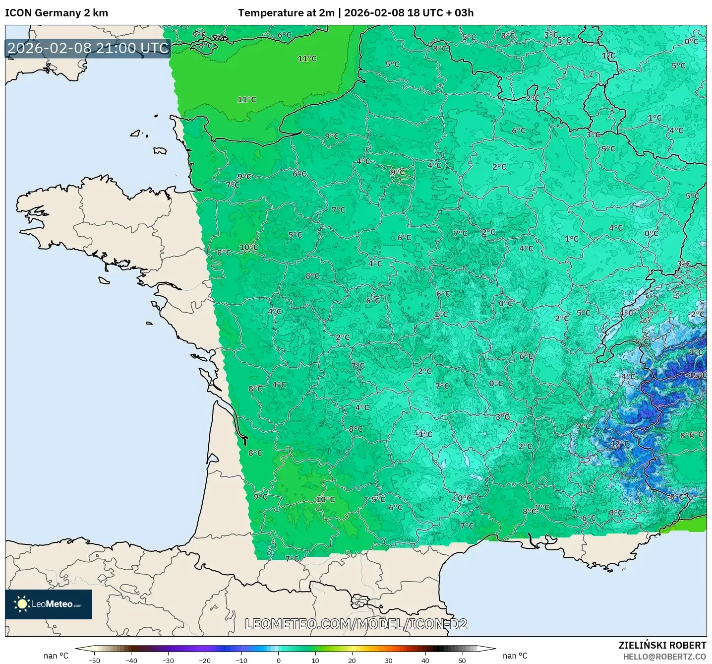 ICON Germany 2 km model - France, Temperature at 2m