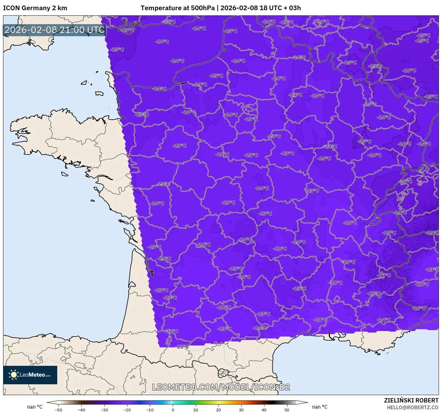 ICON Germany 2 km model - France, Temperature at 500hPa