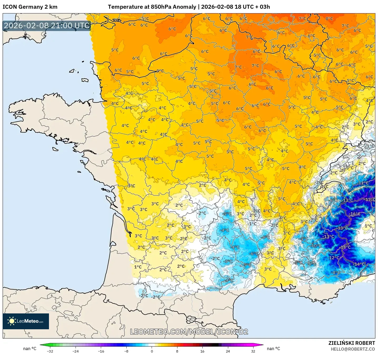ICON Alemania 2 km model - Prancis, Anomali Suhu 850 hPa