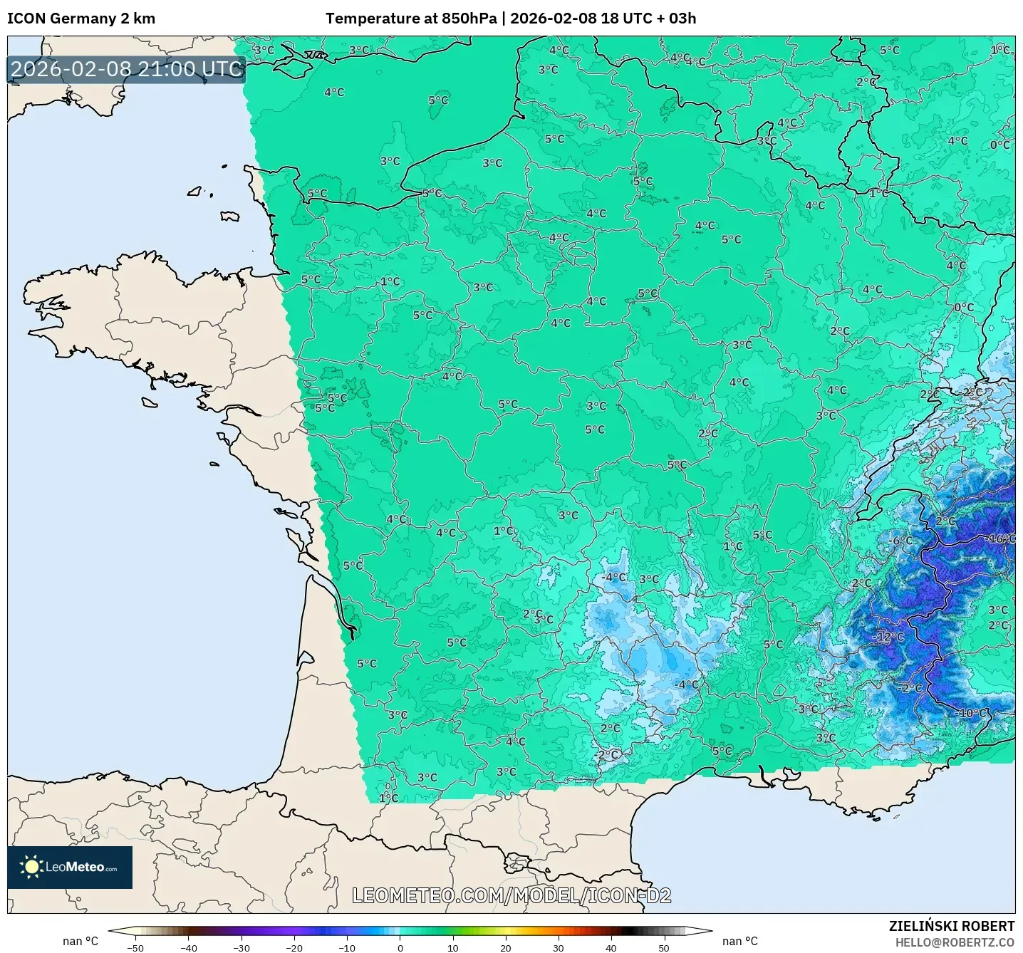 ICON Germany 2 km model - France, Temperature at 850hPa