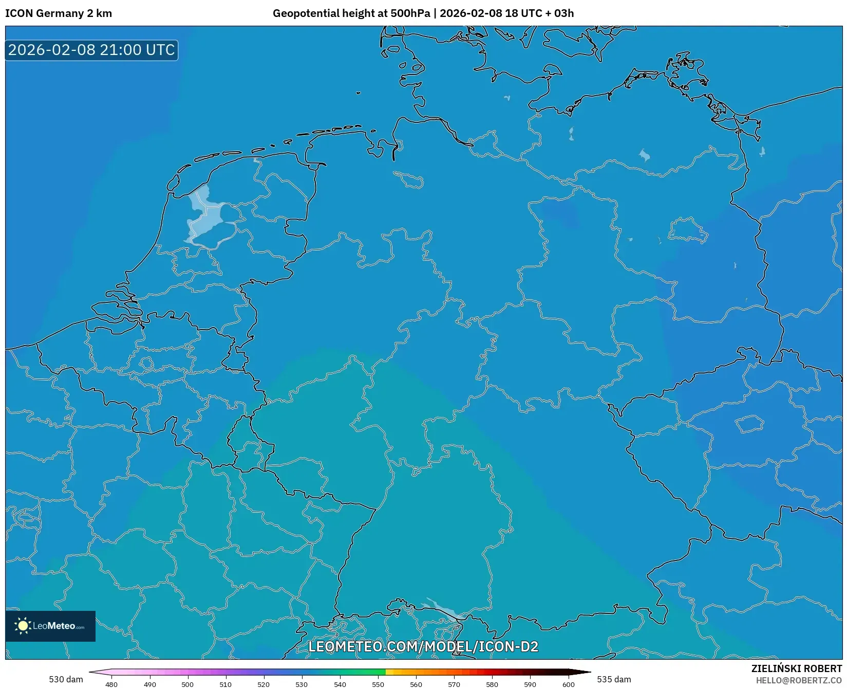 ICON Alemania 2 km model - Jerman, Ketinggian geopotensial pada 500 hPa