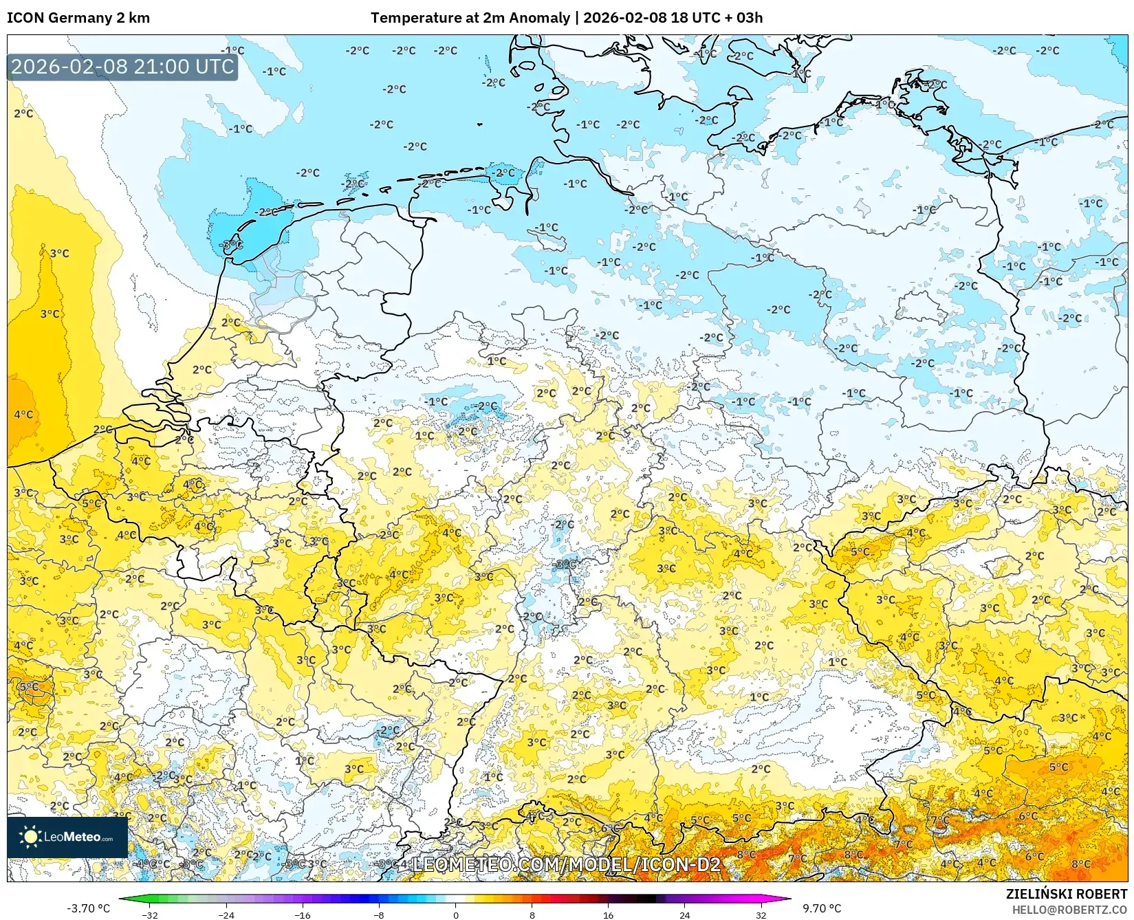 ICON Alemania 2 km model - Jerman, Anomali Suhu 2 m