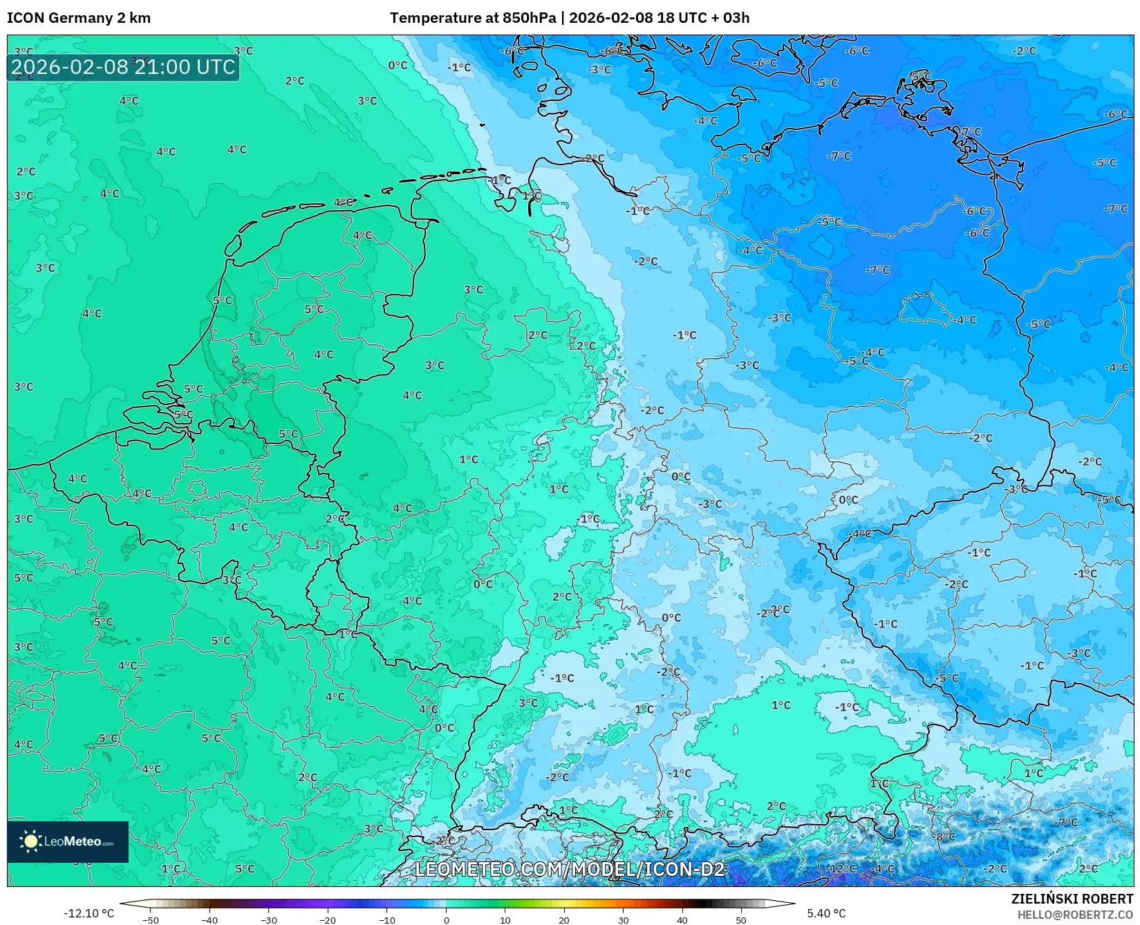 ICON Germany 2 km model - Germany, Temperature at 850hPa