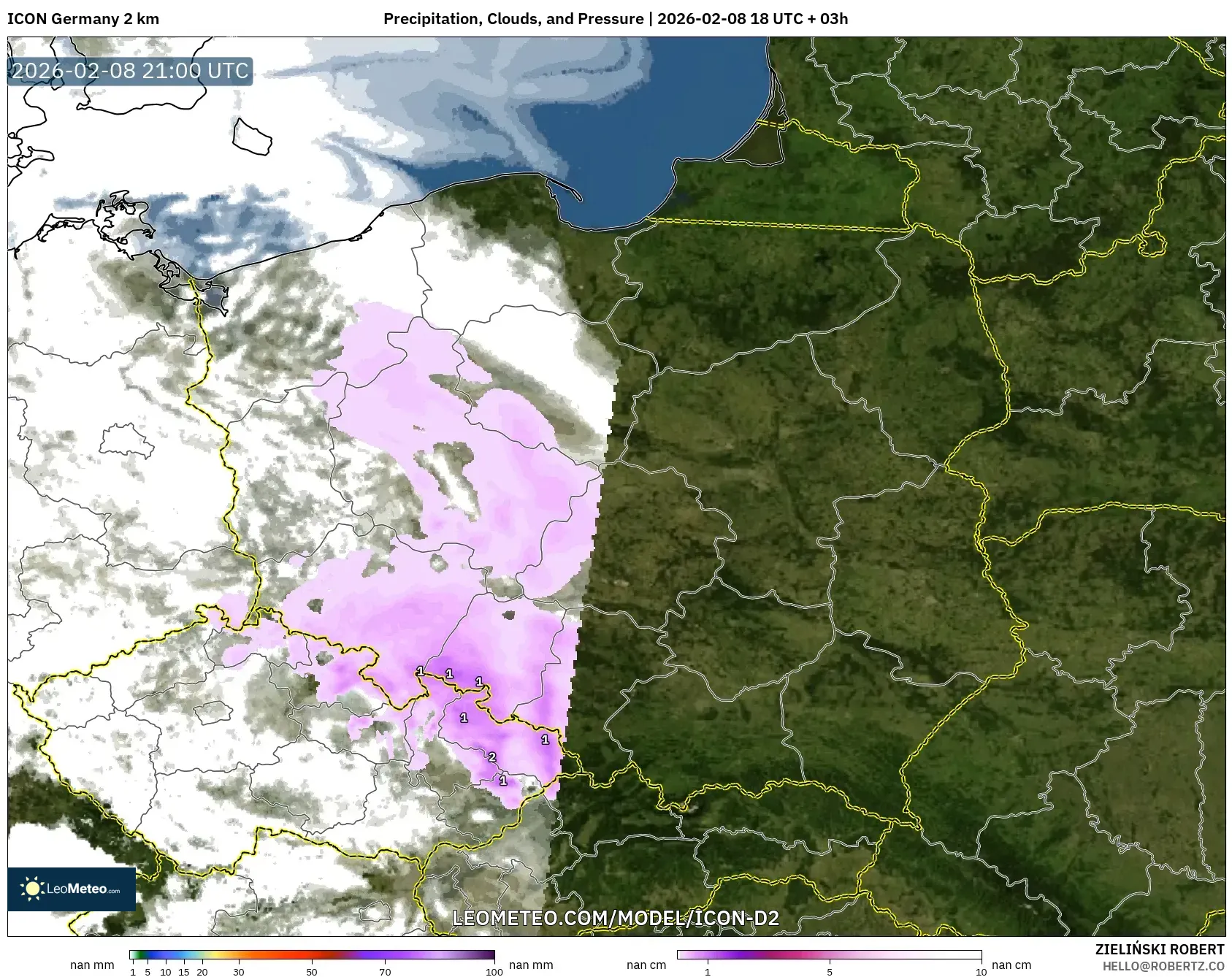ICON Jerman 2 km model - Poland, Hujan, Awan dan Tekanan