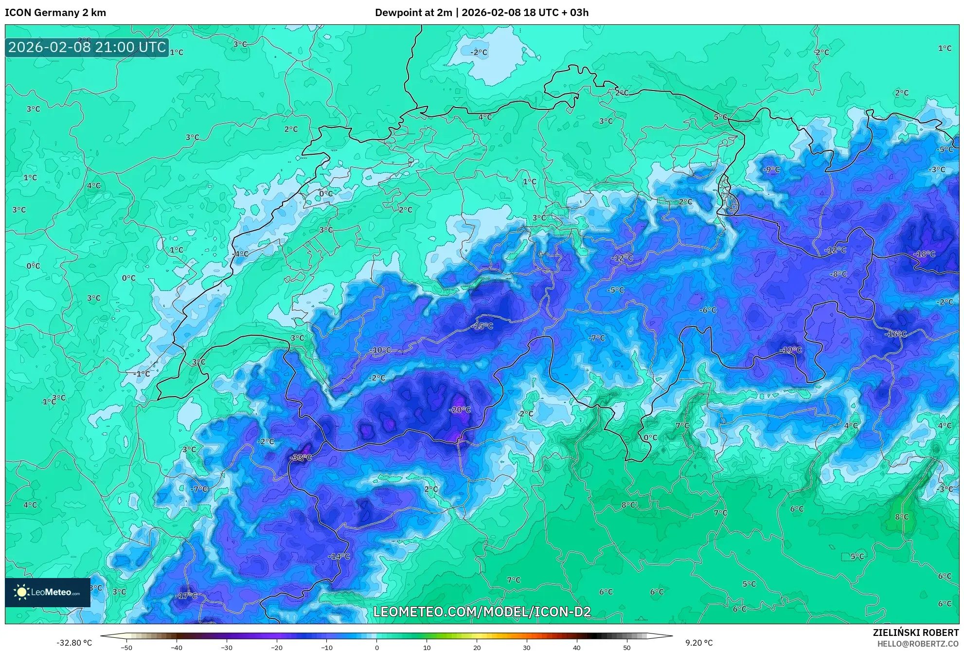 ICON Germany 2 km model - Switzerland, Dewpoint at 2m