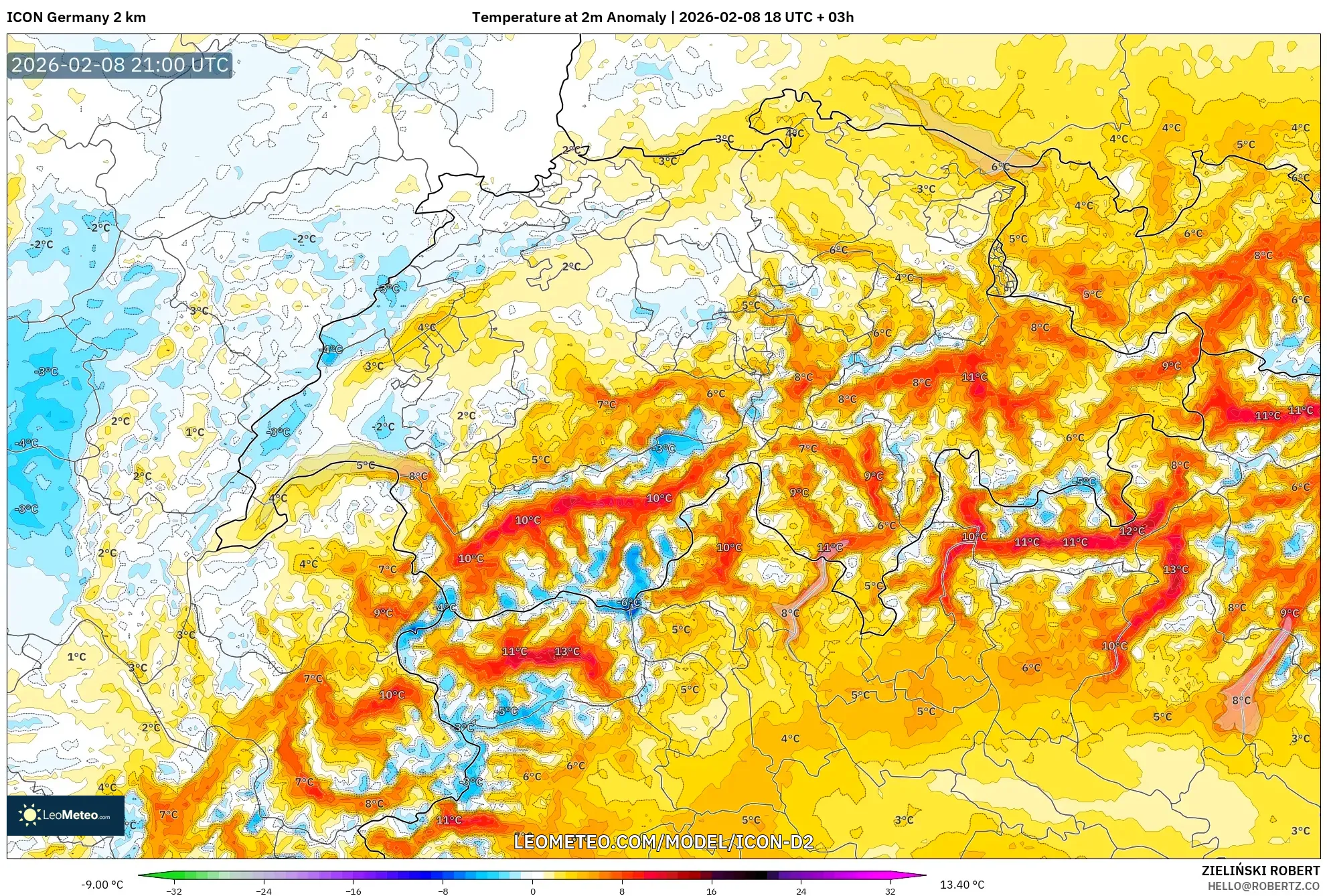 ICON Alemania 2 km model - Swiss, Anomali Suhu 2 m