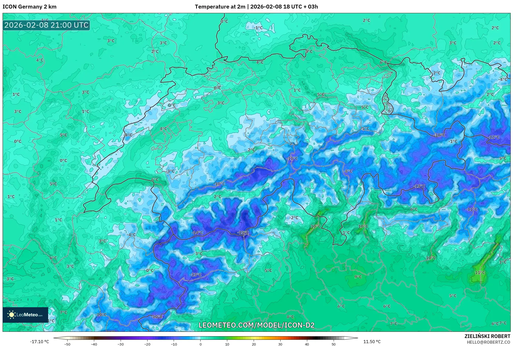 ICON Alemania 2 km model - Swiss, Suhu 2 m