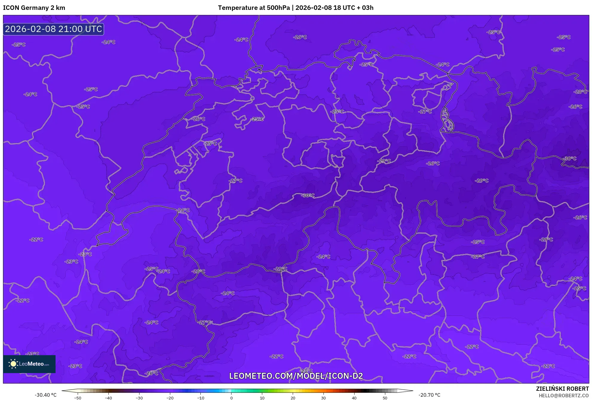 ICON Germany 2 km model - Switzerland, Temperature at 500hPa