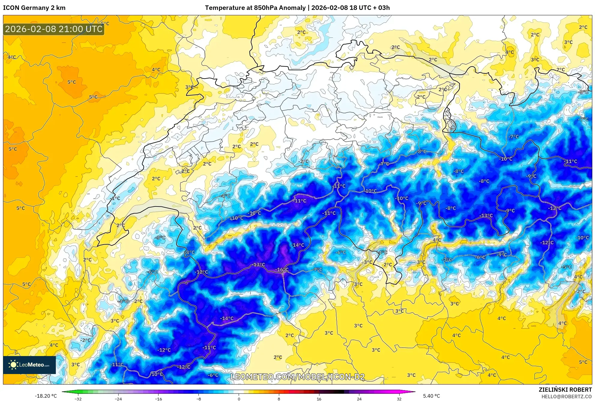 ICON Germany 2 km model - Switzerland, Temperature at 850hPa Anomaly