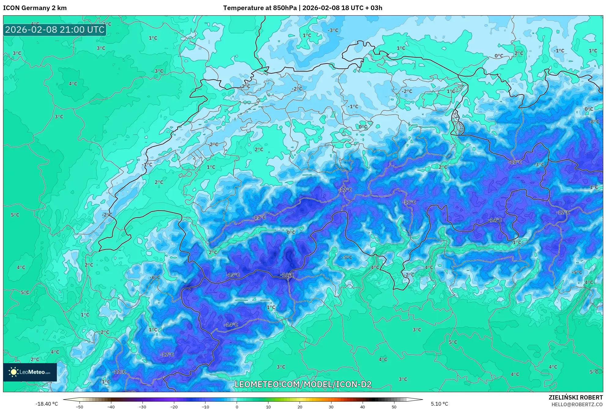 ICON Alemania 2 km model - Swiss, Suhu 850 hPa