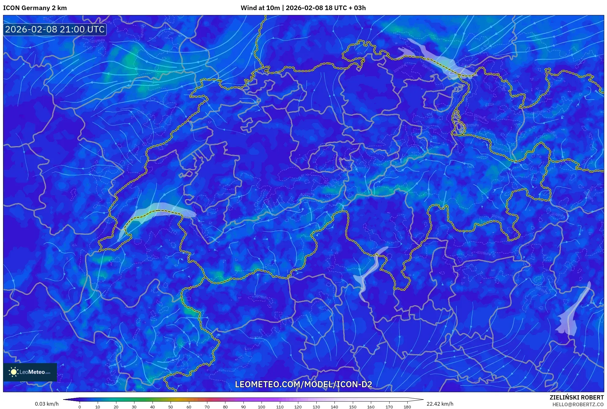 ICON Germany 2 km model - Switzerland, Wind at 10m