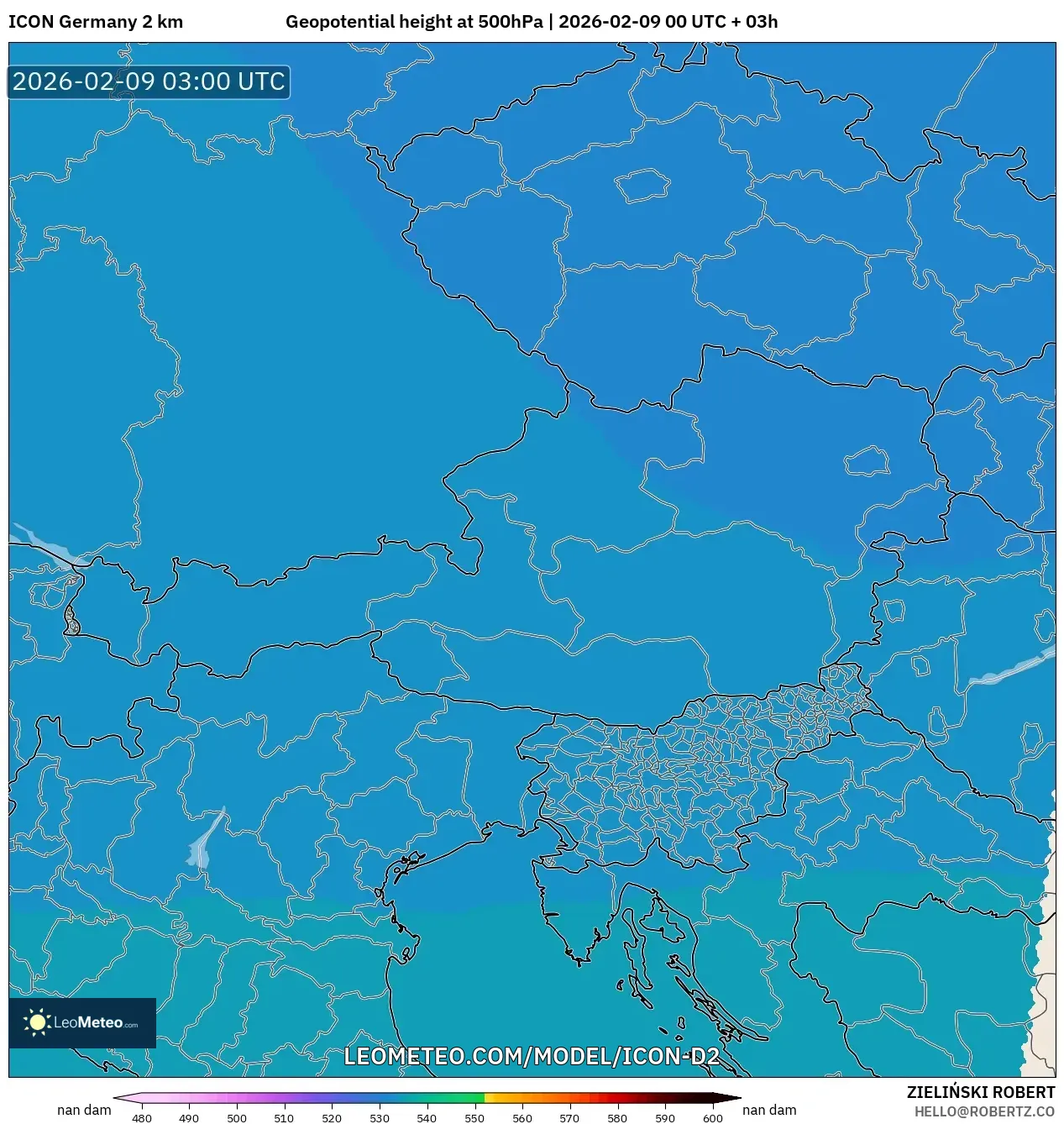 ICON Jerman 2 km model - Austria, Ketinggian geopotensial pada 500 hPa