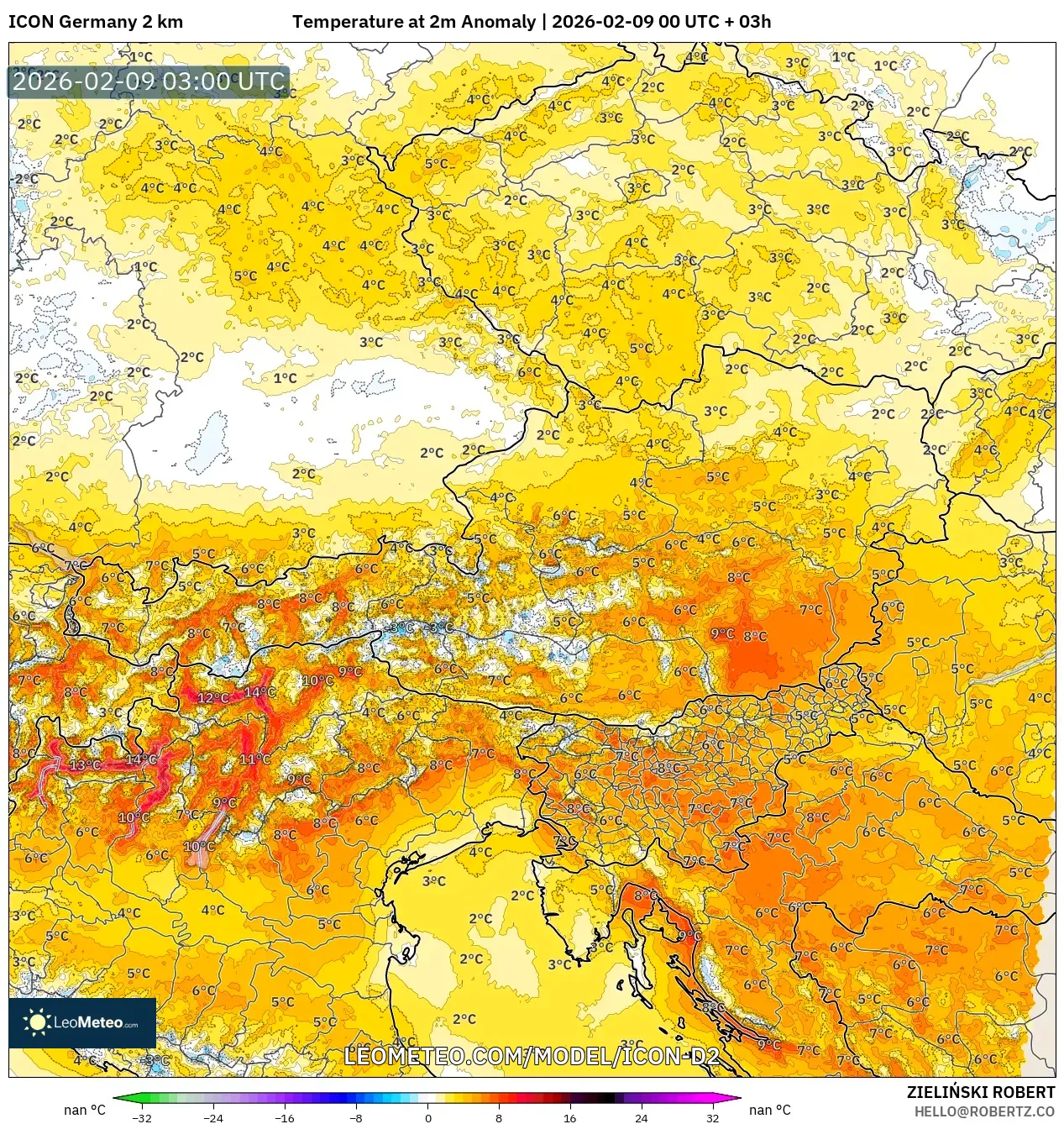 ICON Jerman 2 km model - Austria, Anomali Suhu 2 m