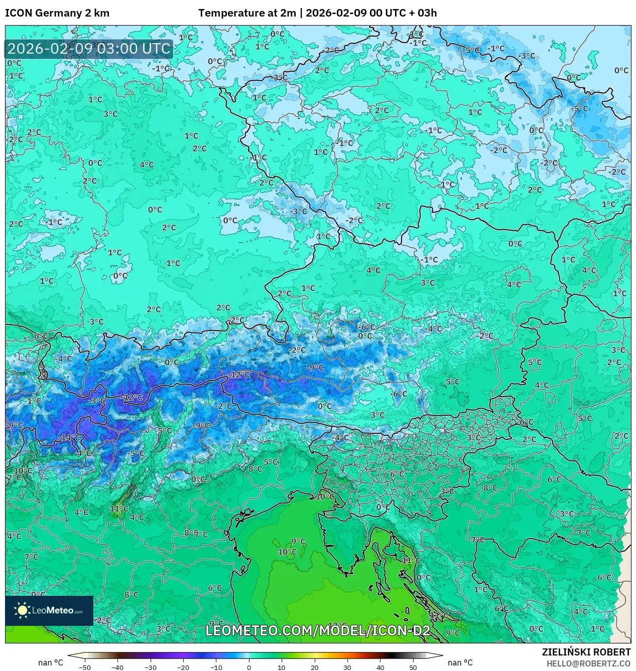 ICON Jerman 2 km model - Austria, Suhu pada 2 m