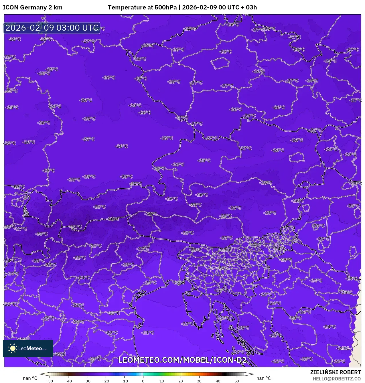 ICON Jerman 2 km model - Austria, Suhu 500 hPa