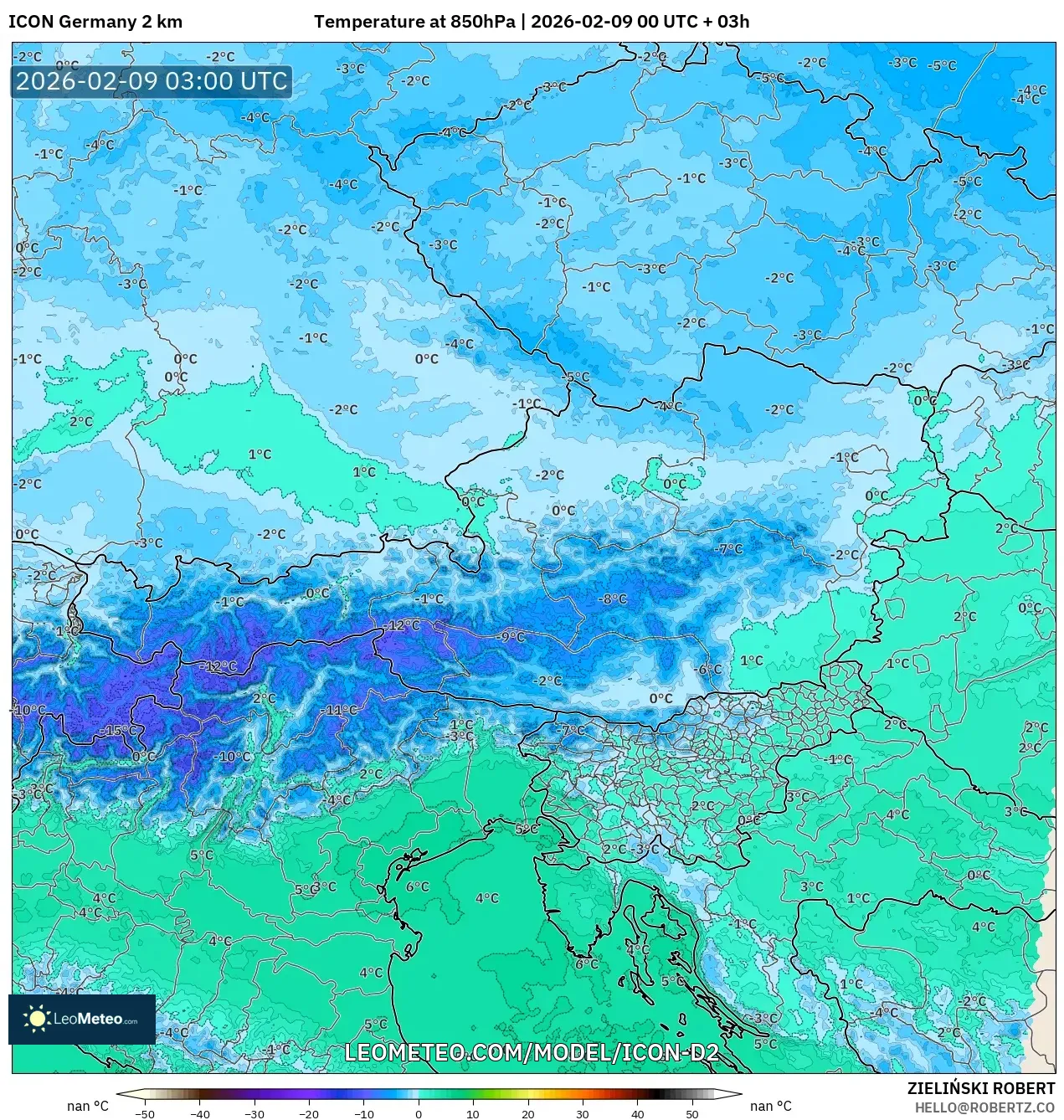 ICON Jerman 2 km model - Austria, Suhu 850 hPa